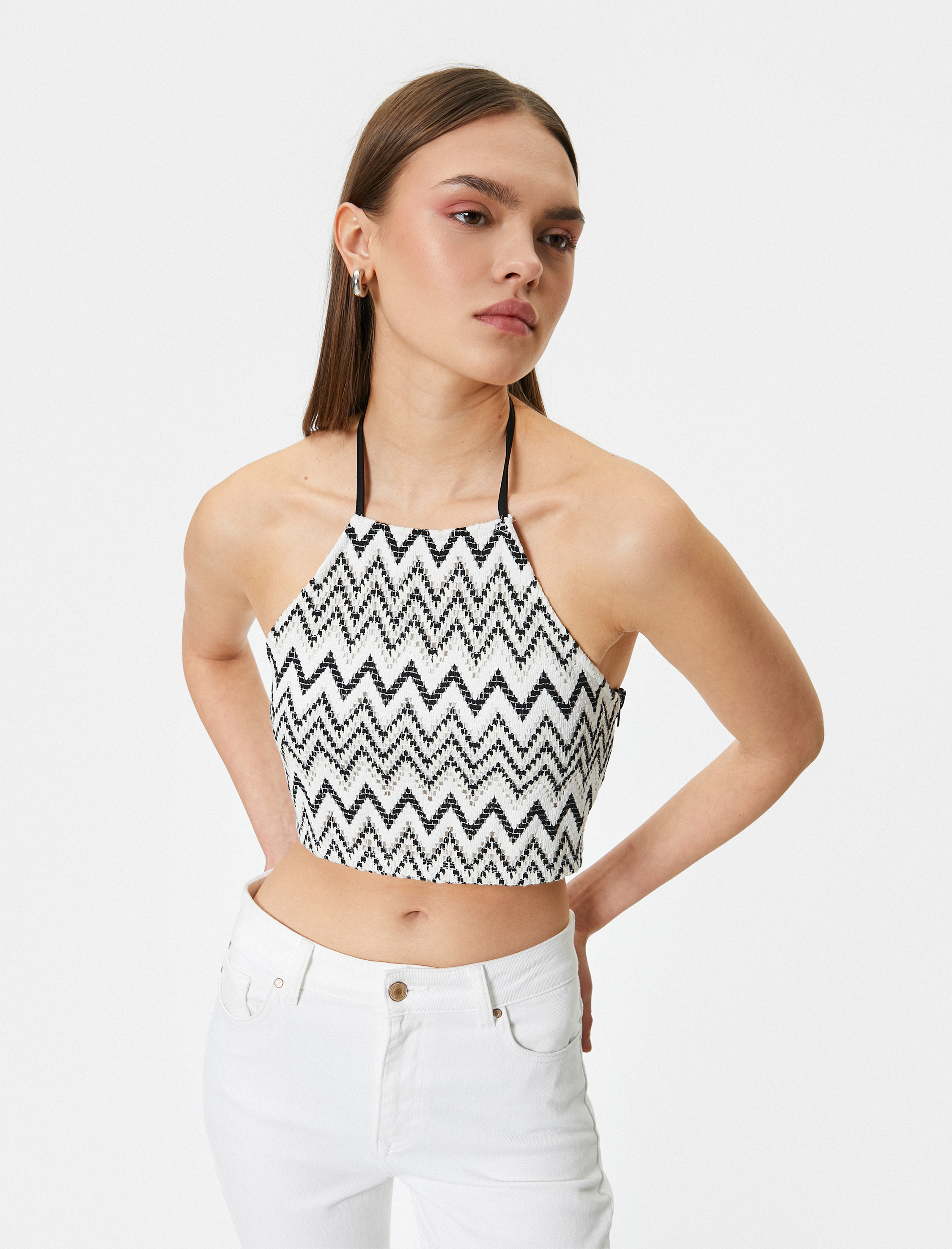Halter Yaka Kroşe Crop Büstiyer Desenli Yandan Fermuarlı