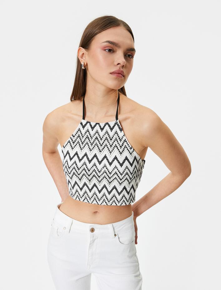  Halter Yaka Kroşe Crop Büstiyer Desenli Yandan Fermuarlı