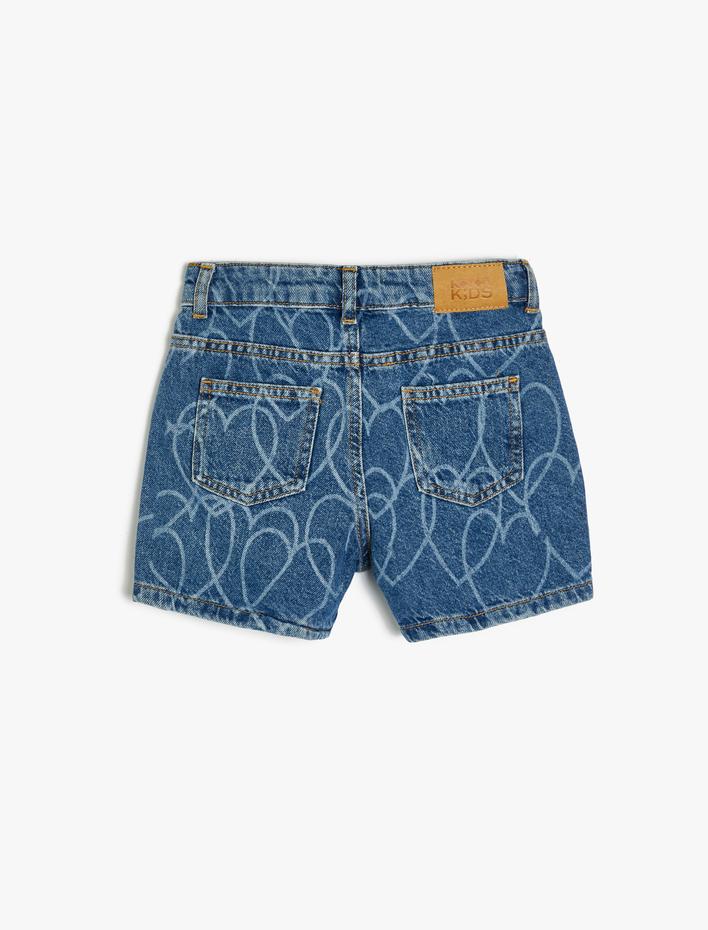 Kız Çocuk Kot Şort Kalp Baskılı Pamuklu