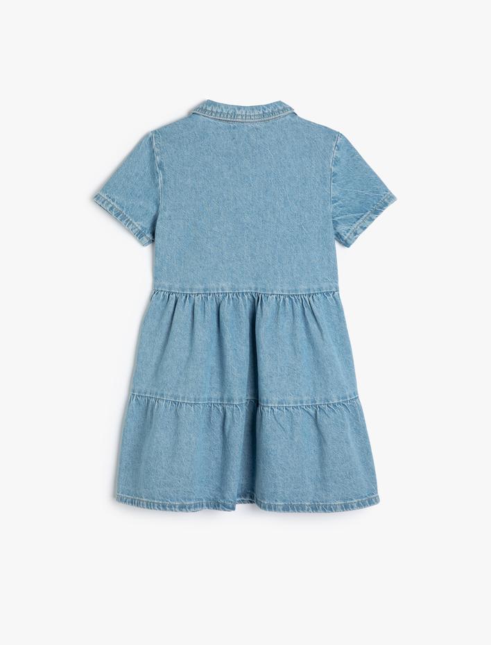 Kız Çocuk Kot Elbise Gömlek Yaka Kısa Kollu Düğme Detaylı Pamuklu