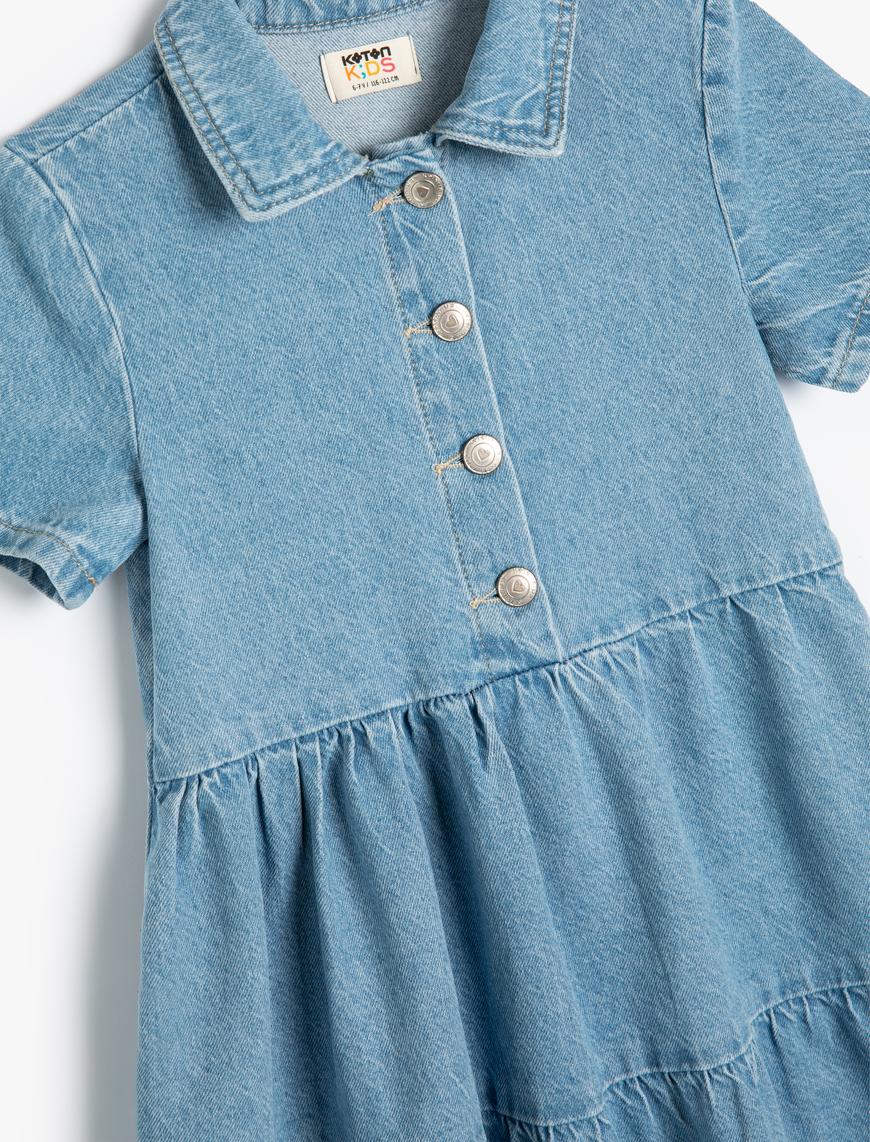  Kız Çocuk Kot Elbise Gömlek Yaka Kısa Kollu Düğme Detaylı Pamuklu