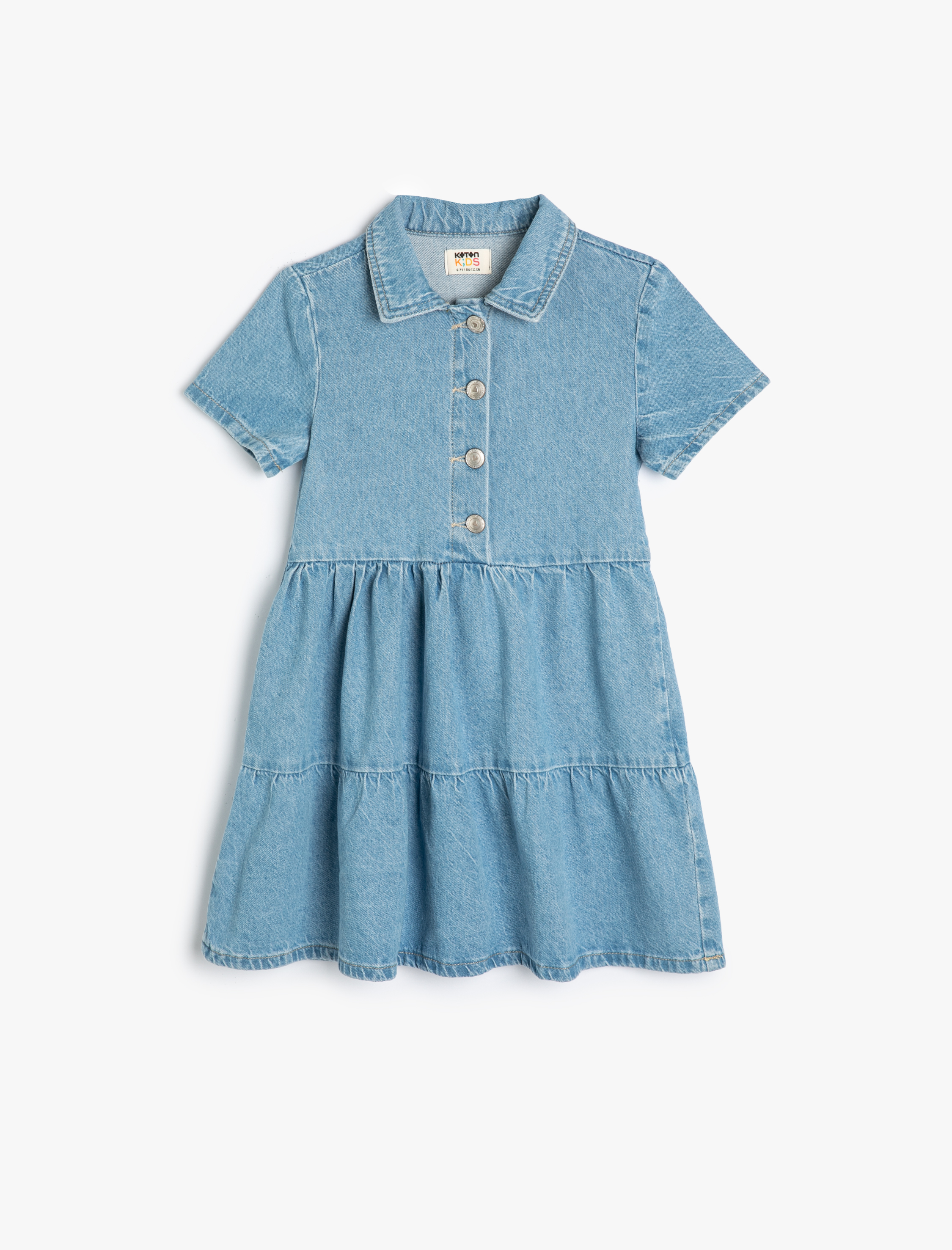  Kız Çocuk Kot Elbise Gömlek Yaka Kısa Kollu Düğme Detaylı Pamuklu