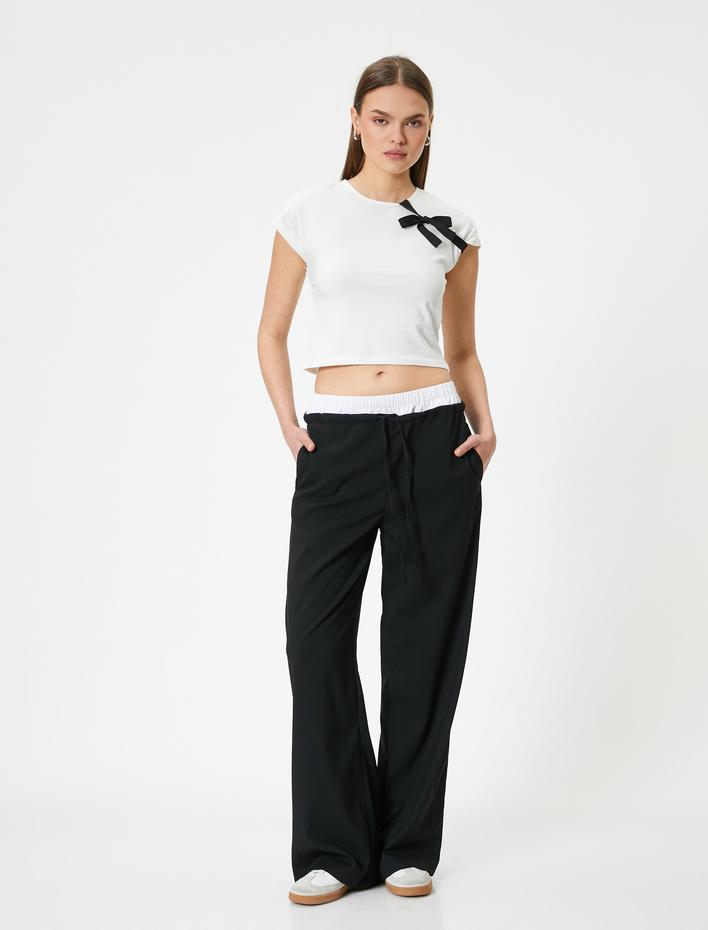  Fiyonklu Tişört  Crop Kısa Kollu Bisiklet Yaka Pamuklu