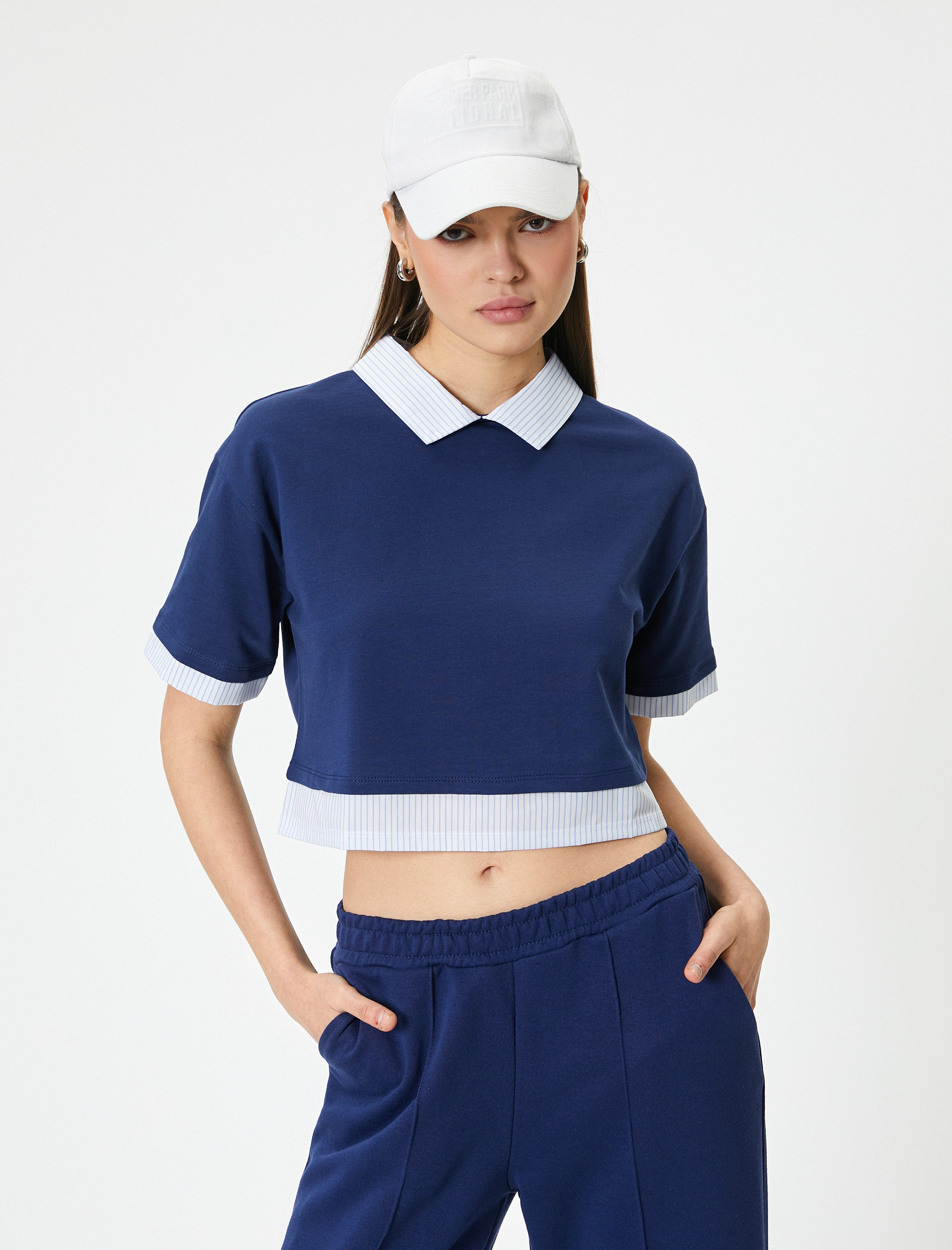   Polo Yaka Tişört Crop Kısa Kollu Çift Kumaş Kullanımlı Kısa Kollu