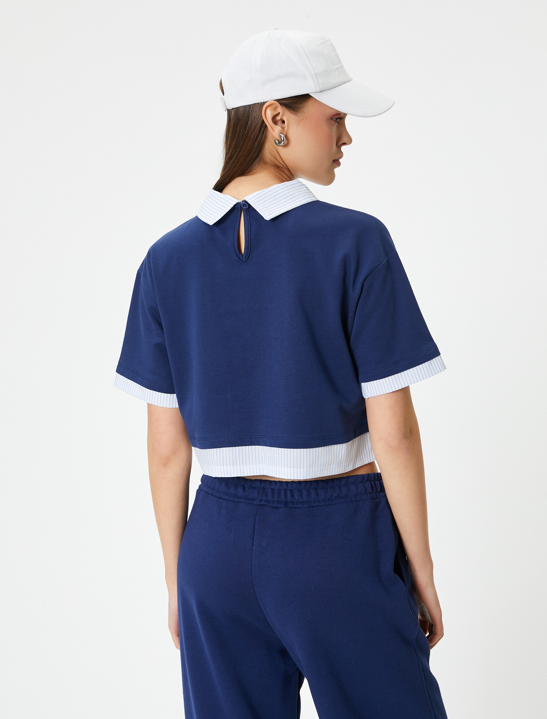   Polo Yaka Tişört Crop Kısa Kollu Çift Kumaş Kullanımlı Kısa Kollu