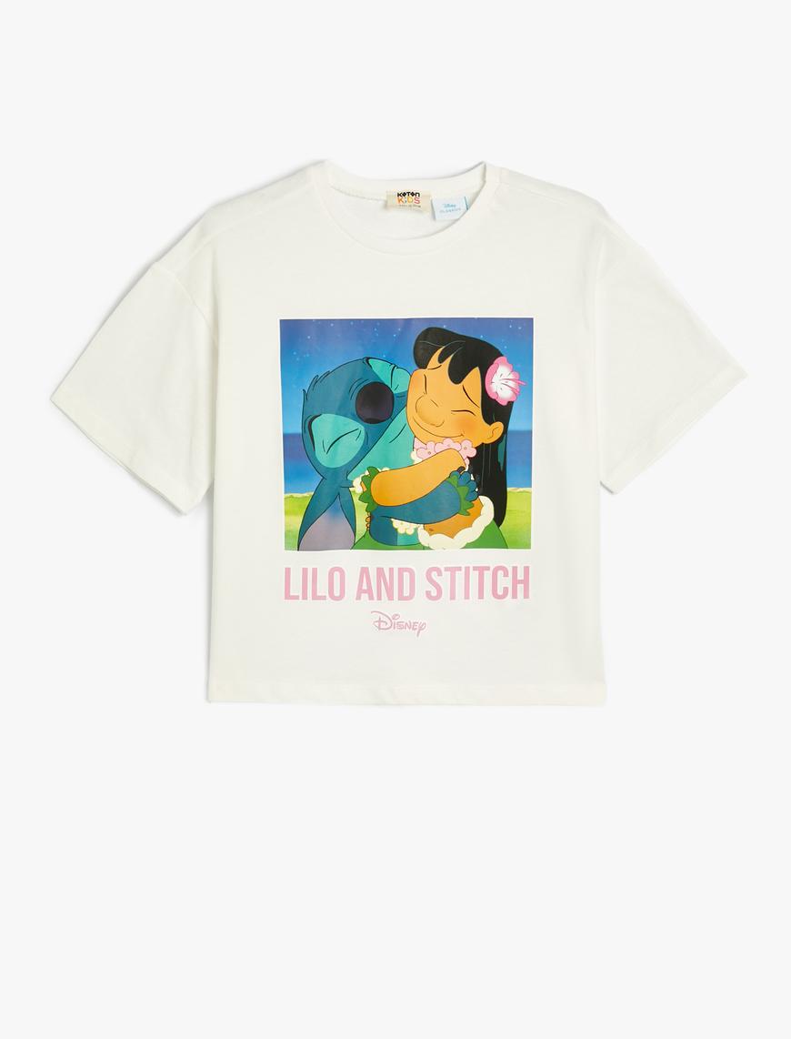  Kız Çocuk Stitch Crop Tişört Lisanslı Kısa Kollu Bisiklet Yaka Pamuklu