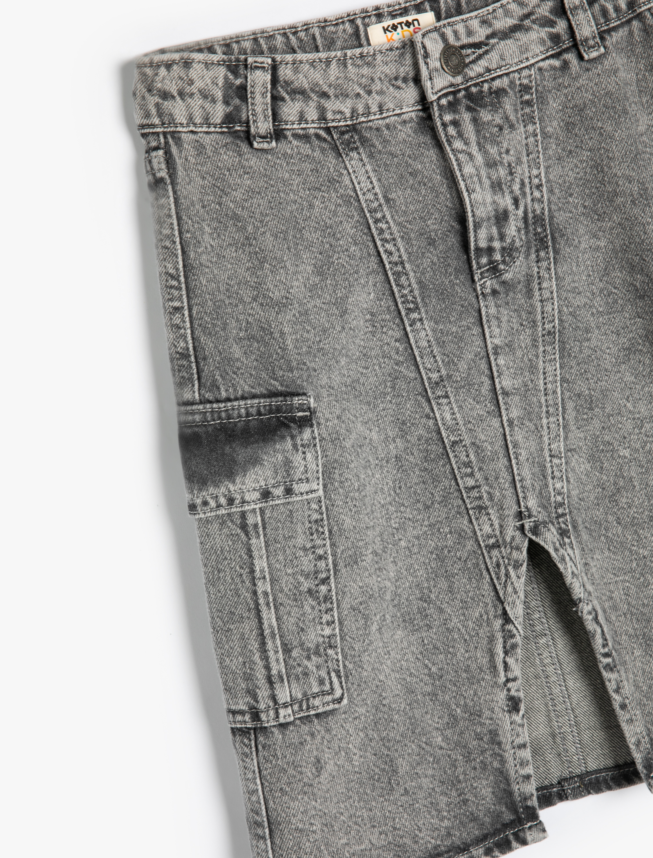  Kız Çocuk Kot Etek Yırtmaç Detaylı Kapaklı Cepli Pamuklu