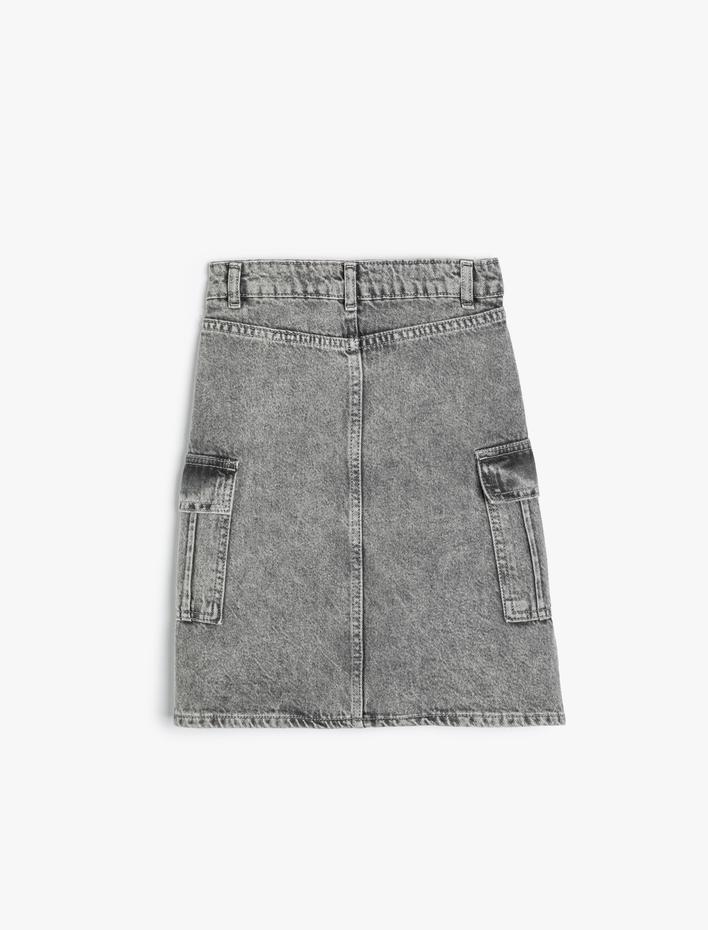 Kız Çocuk Kot Etek Yırtmaç Detaylı Kapaklı Cepli Pamuklu