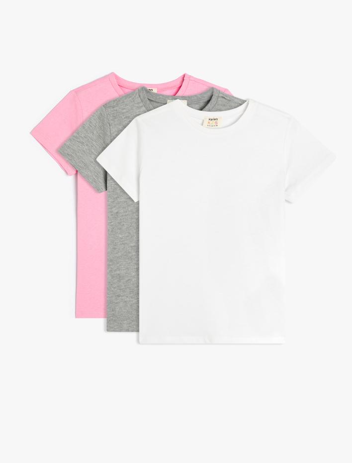 Kız Çocuk 3'lü Basic Tişört Set, Kısa Kollu Çok Renkli Pamuklu