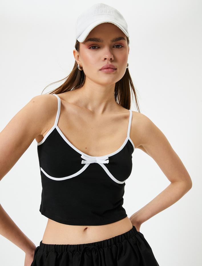  Fiyonk Detaylı Askılı Crop Top Renk Kontrastlı Pamuklu Slim Fit