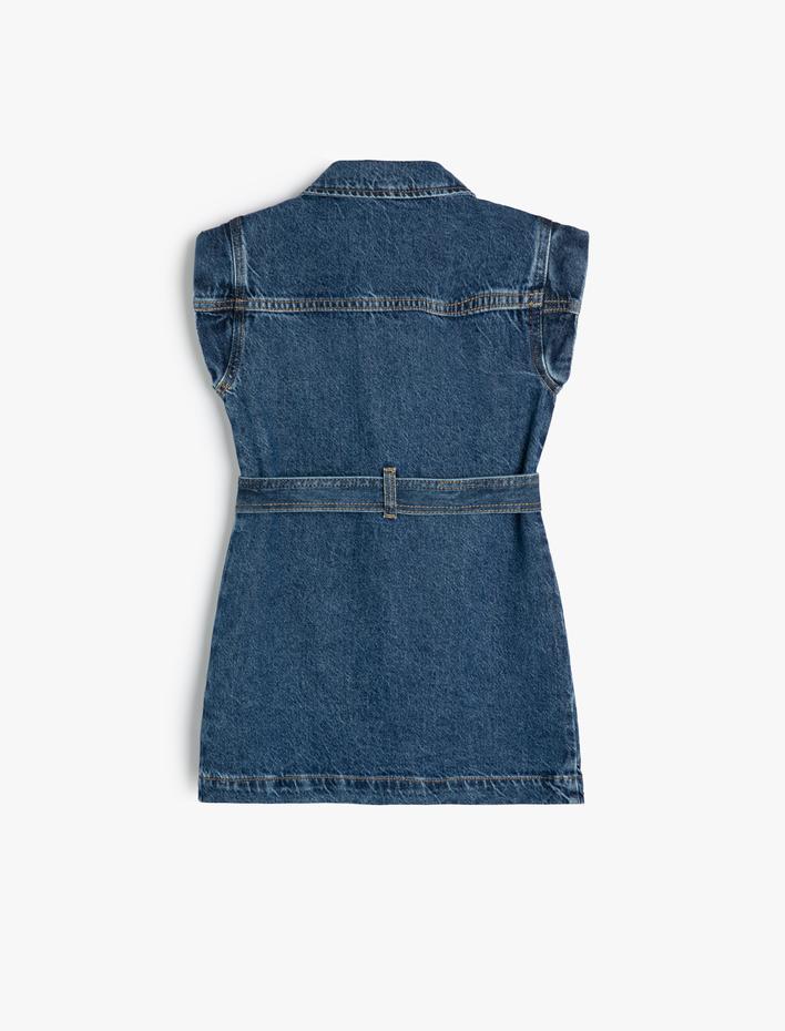 Kız Çocuk Kot Elbise Gömlek Yaka Kemer Detaylı Düğme Kapamalı Pamuklu