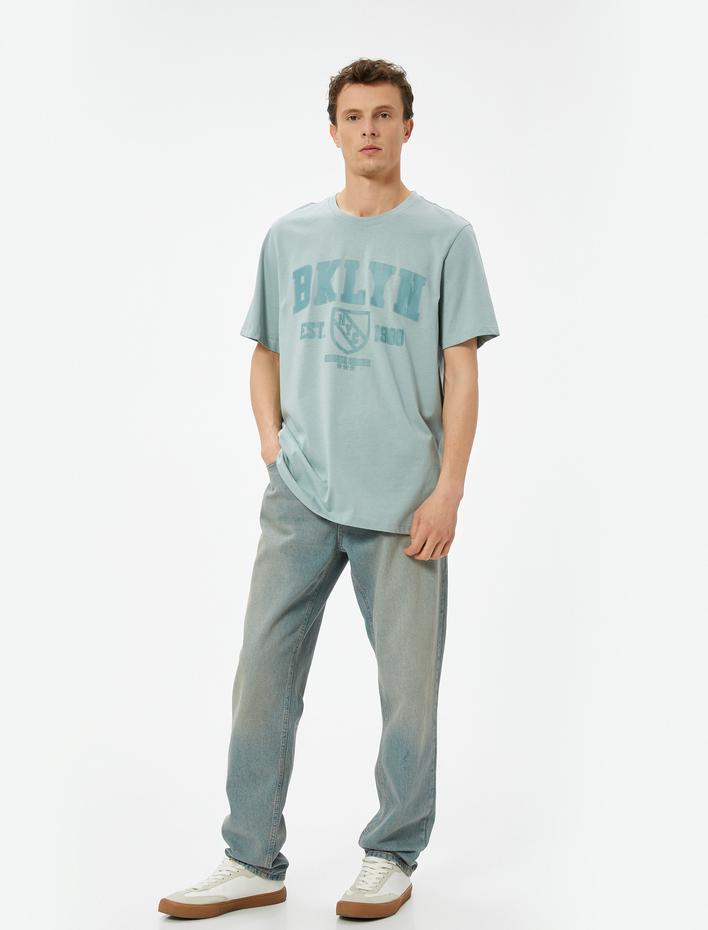  Kolej Baskılı Tişört Bisiklet Yaka Kısa Kollu Pamuklu