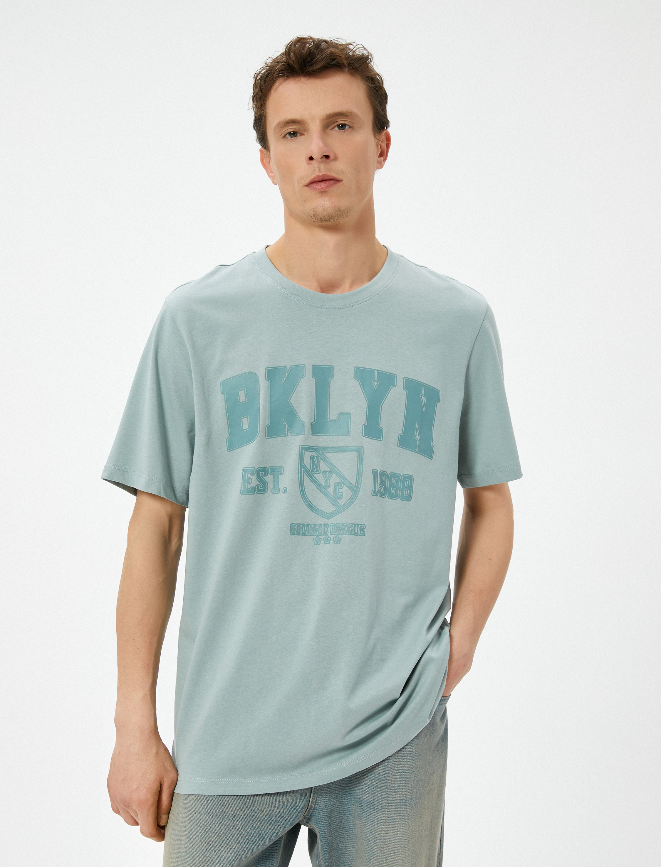   Kolej Baskılı Tişört Bisiklet Yaka Kısa Kollu Pamuklu