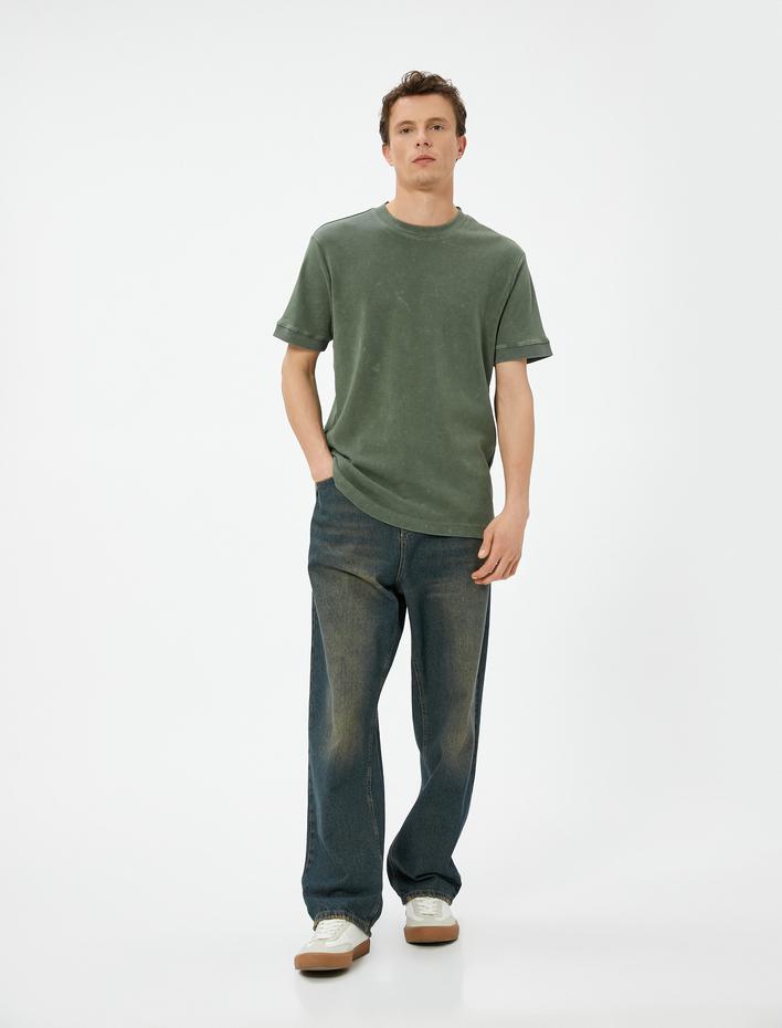  Oversize Yıkamalı Tişört Bisiklet Yaka Kısa Kollu