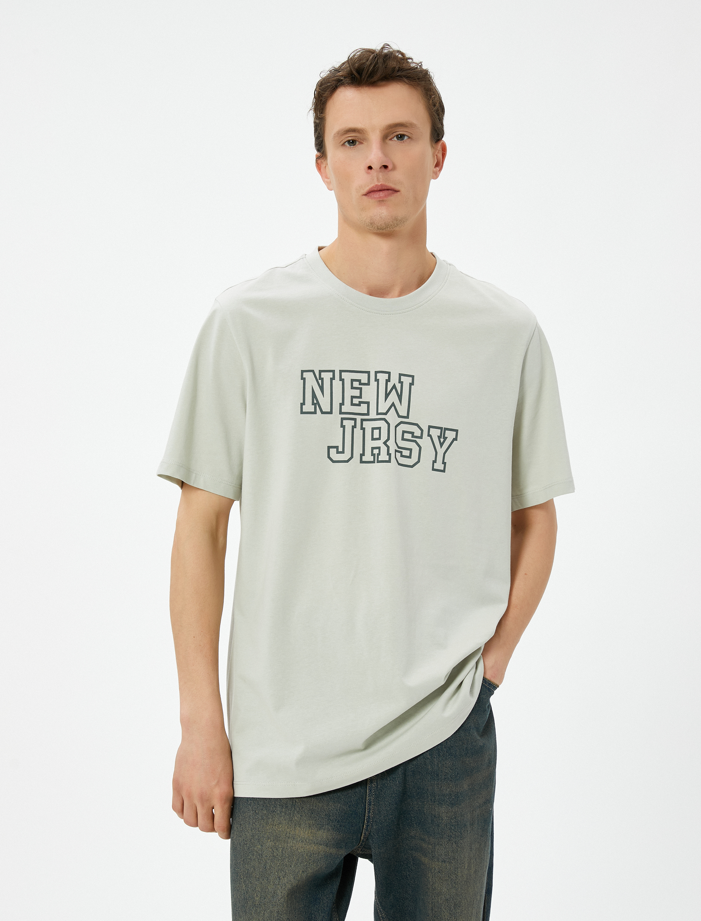   Kolej Baskılı Tişört Bisiklet Yaka Kısa Kollu Pamuklu