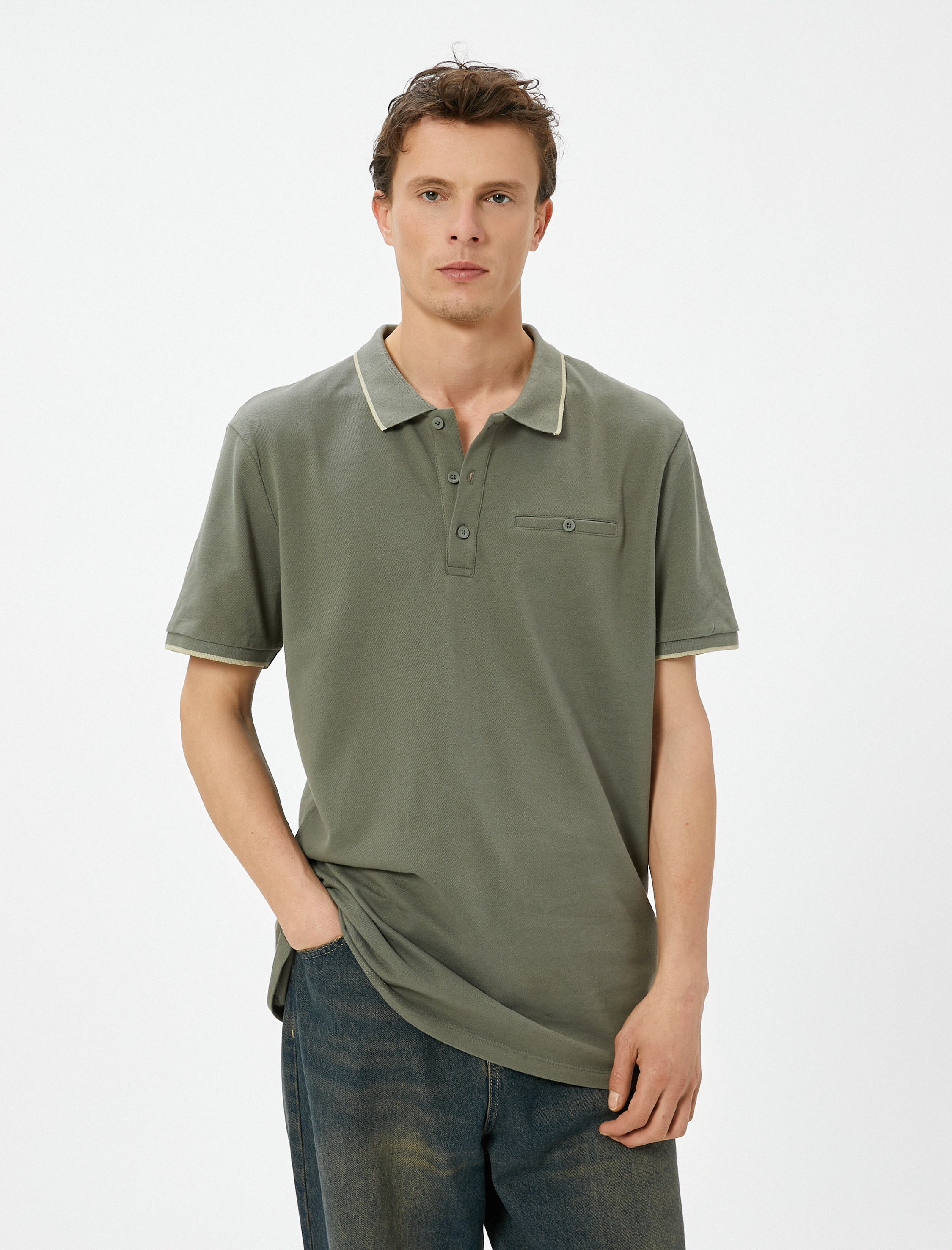   Polo Yaka Tişört Slim Fit Düğmeli Kısa Kollu Biyeli