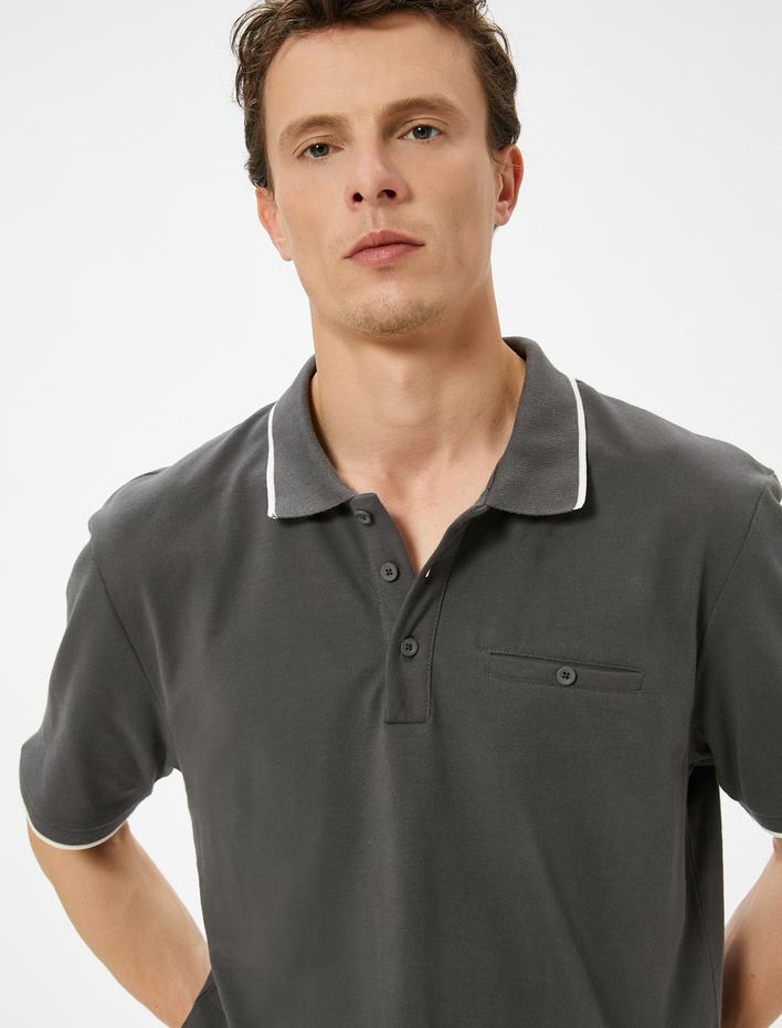  Polo Yaka Tişört Slim Fit Düğmeli Kısa Kollu Biyeli