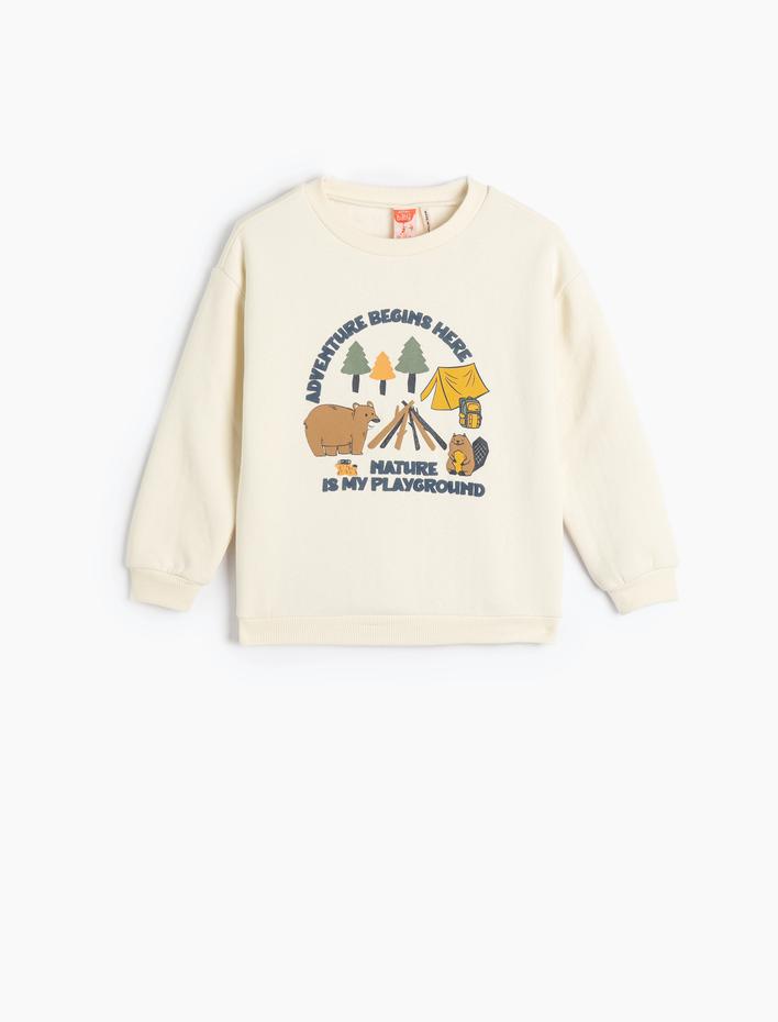 Erkek Bebek Sweatshirt Uzun Kollu Doğa Temalı Baskı Detaylı Şardonlu Bisiklet Yaka