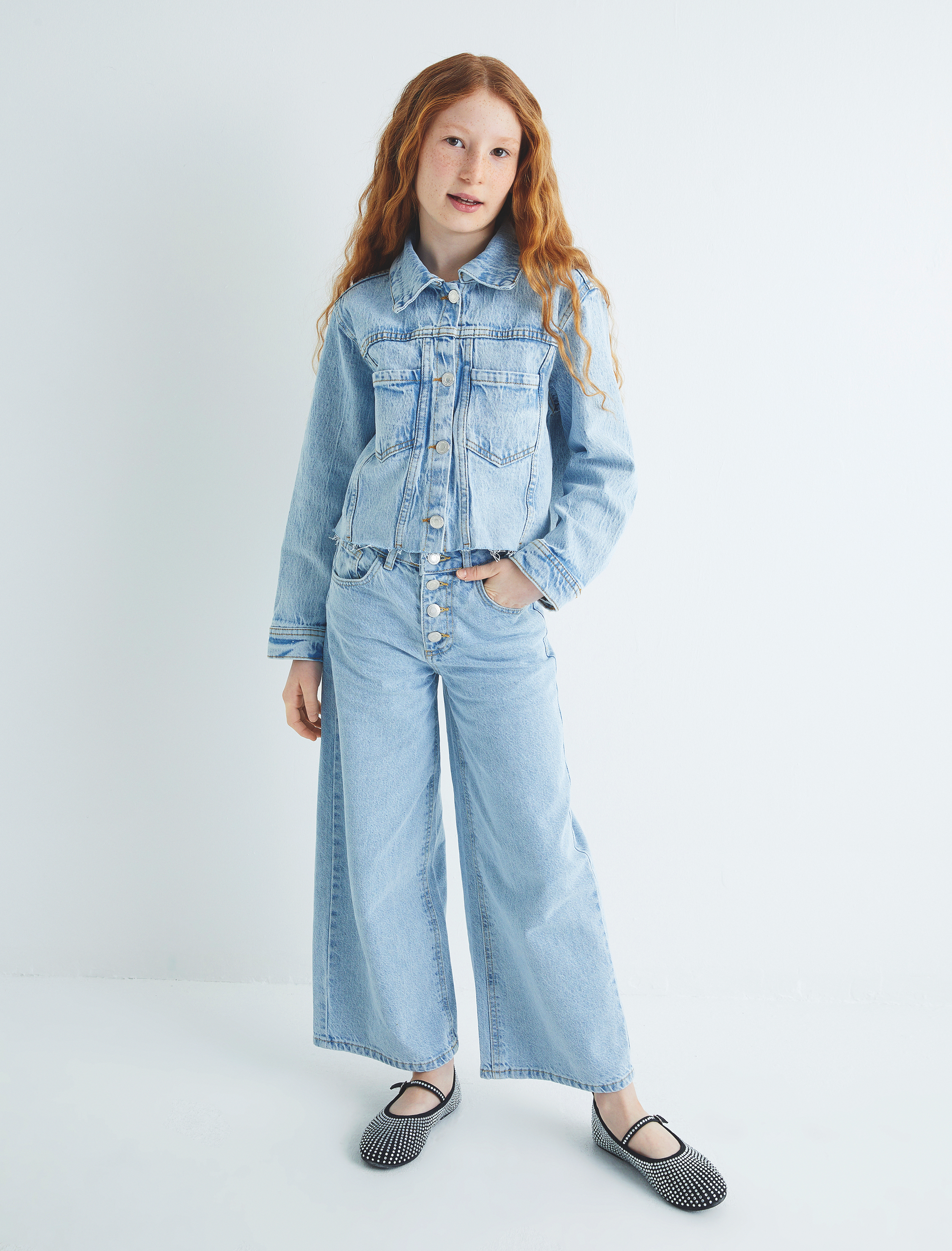  Kız Çocuk Bol Paça Kot Pantolon Cep Detaylı Pamuklu - Wide Leg Jean