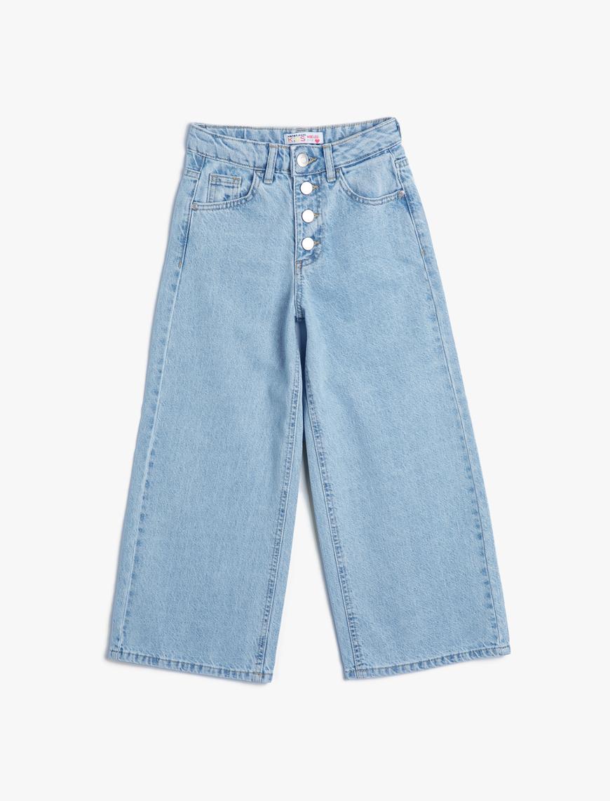  Kız Çocuk Bol Paça Kot Pantolon Cep Detaylı Pamuklu - Wide Leg Jean