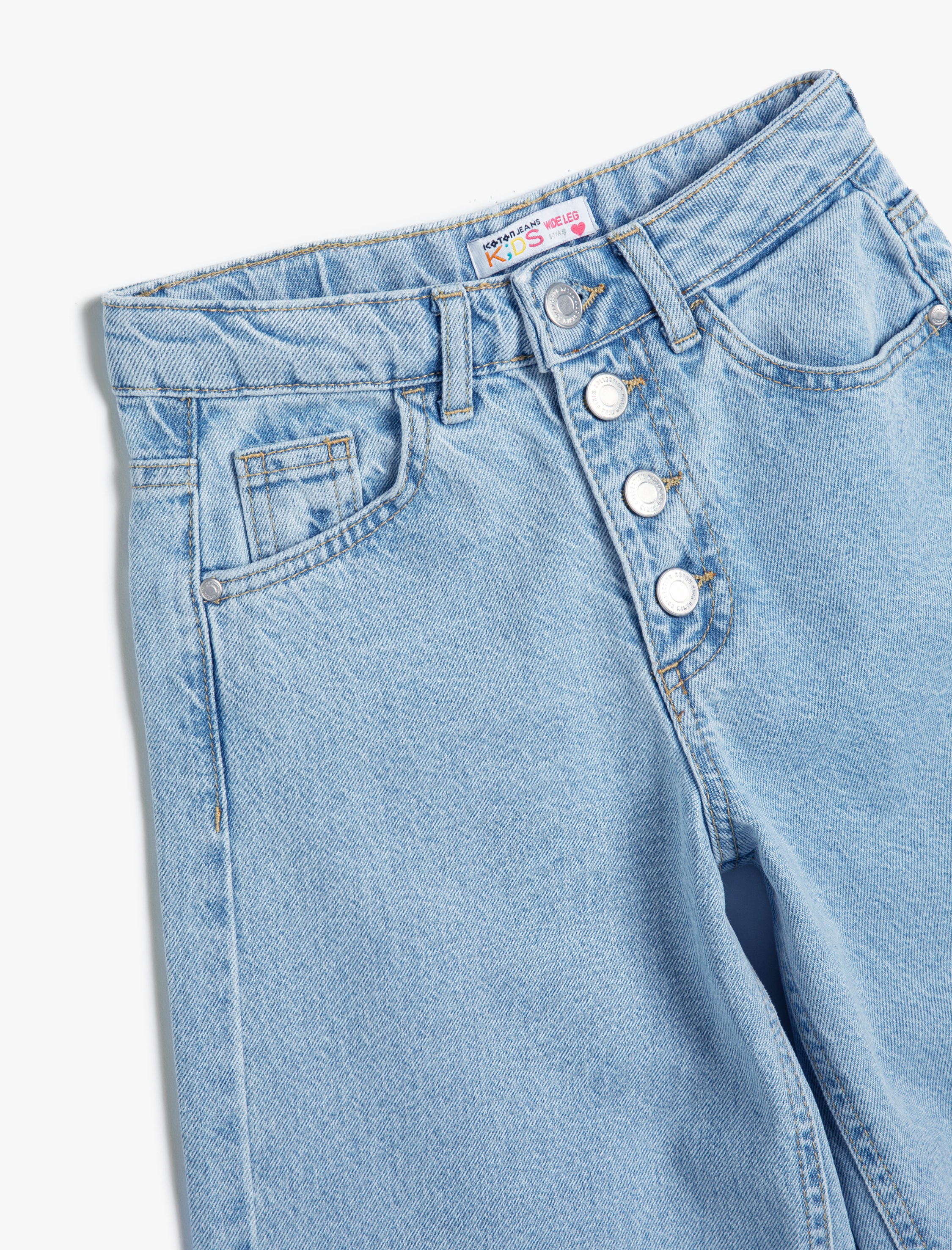  Kız Çocuk Bol Paça Kot Pantolon Cep Detaylı Pamuklu - Wide Leg Jean