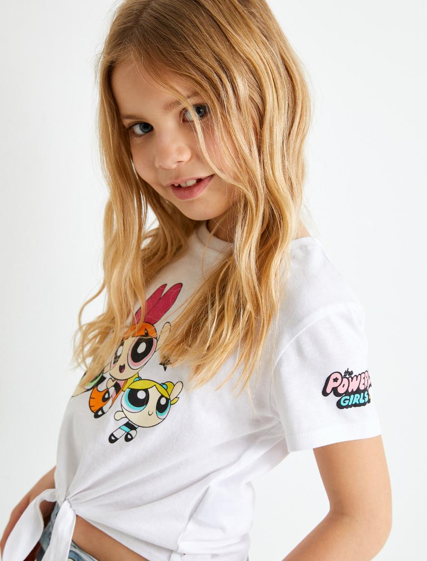  Kız Çocuk Powerpuff Girls Crop Tişört Lisanslı Bağlamalı Pamuklu