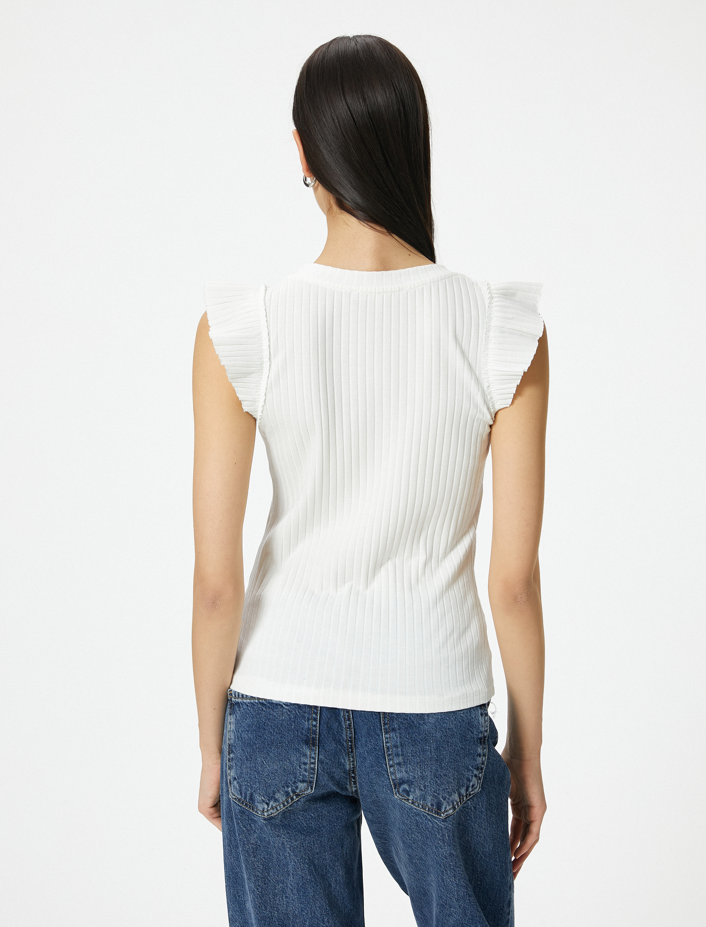   Fitilli Atlet U Yaka Kolları Fırfırlı Viskon Karışımlı