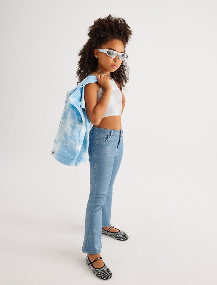 Kız Çocuk Parlak Kot Pantolon İspanyol Paça Pamuklu