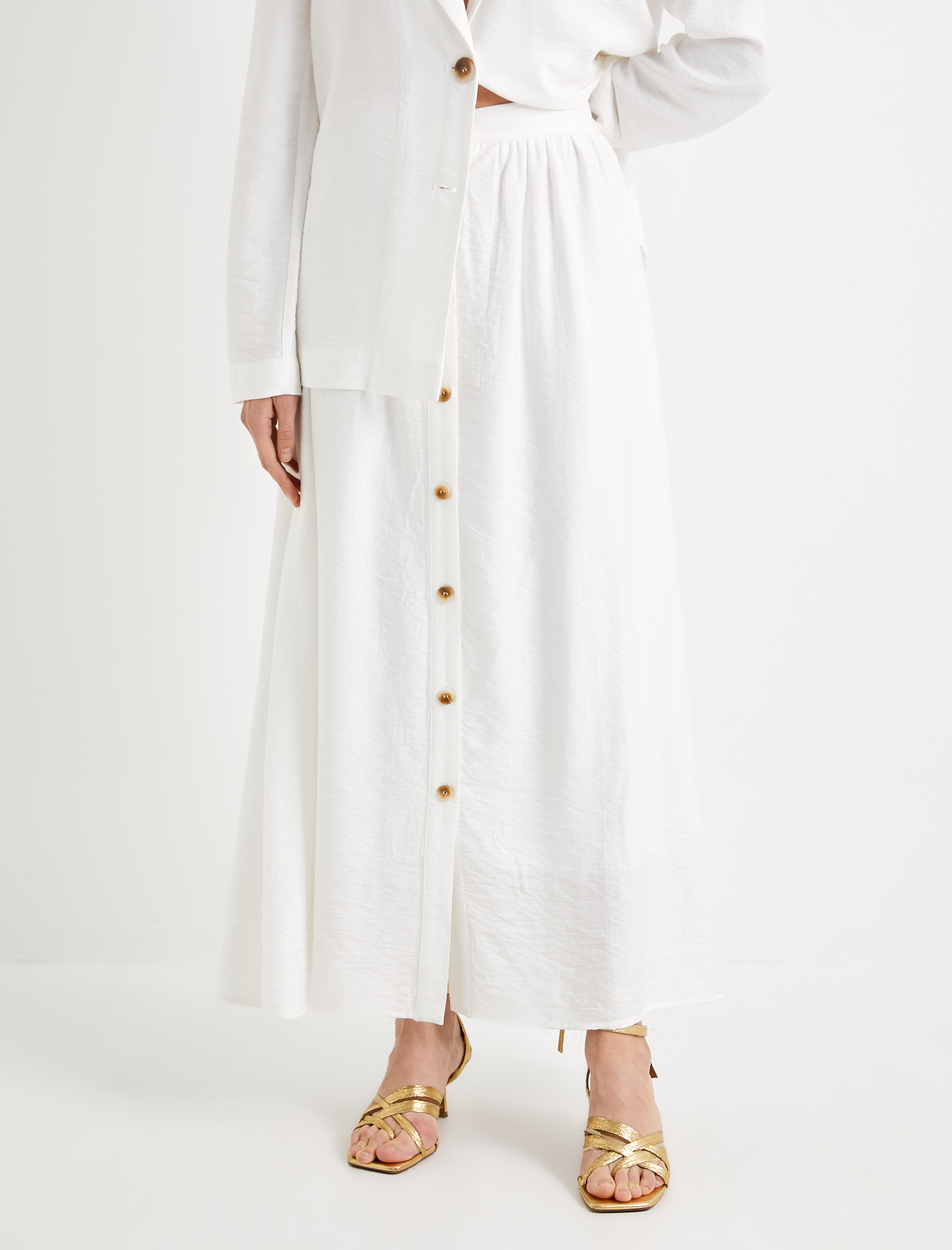   Midi Etek Yüksek Bel Düğmeli Viskon Karışımlı