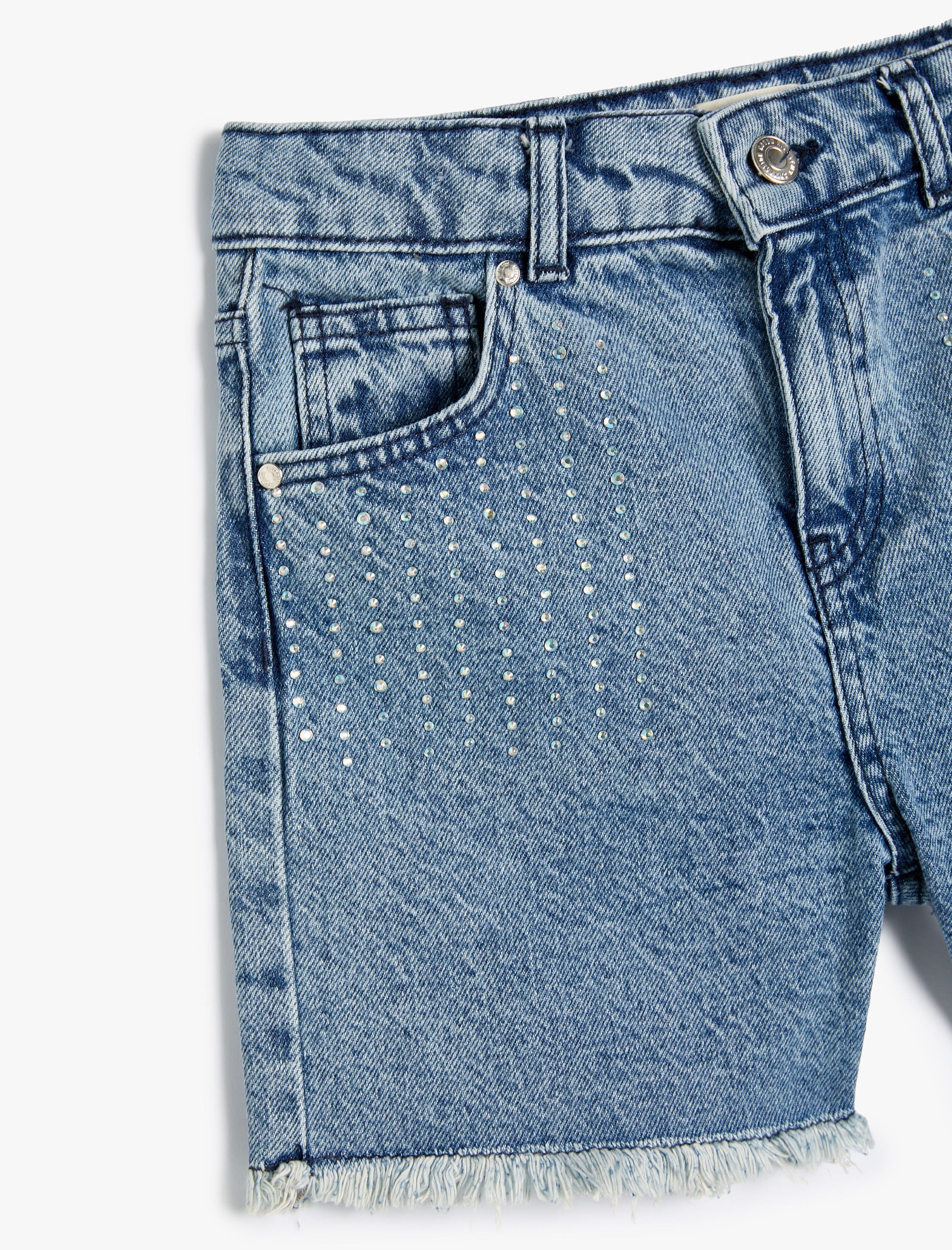  Kız Çocuk Kot Şort Yüksek Bel Pul Detaylı Pamuklu