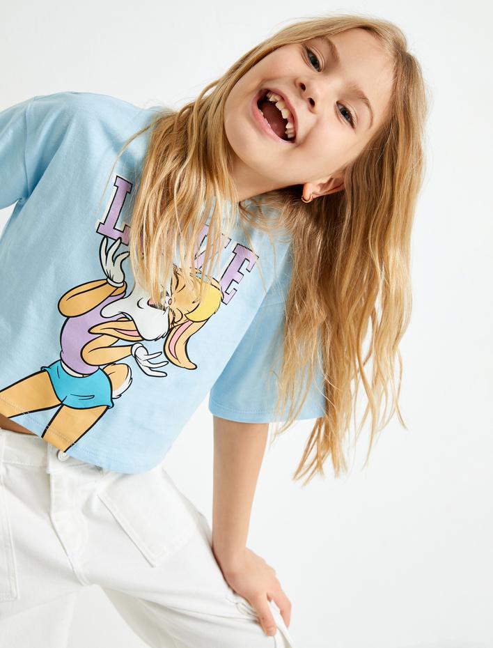 Kız Çocuk Crop Tişört Lola Bunny Baskılı Lisanslı Kısa Kollu Pamuklu