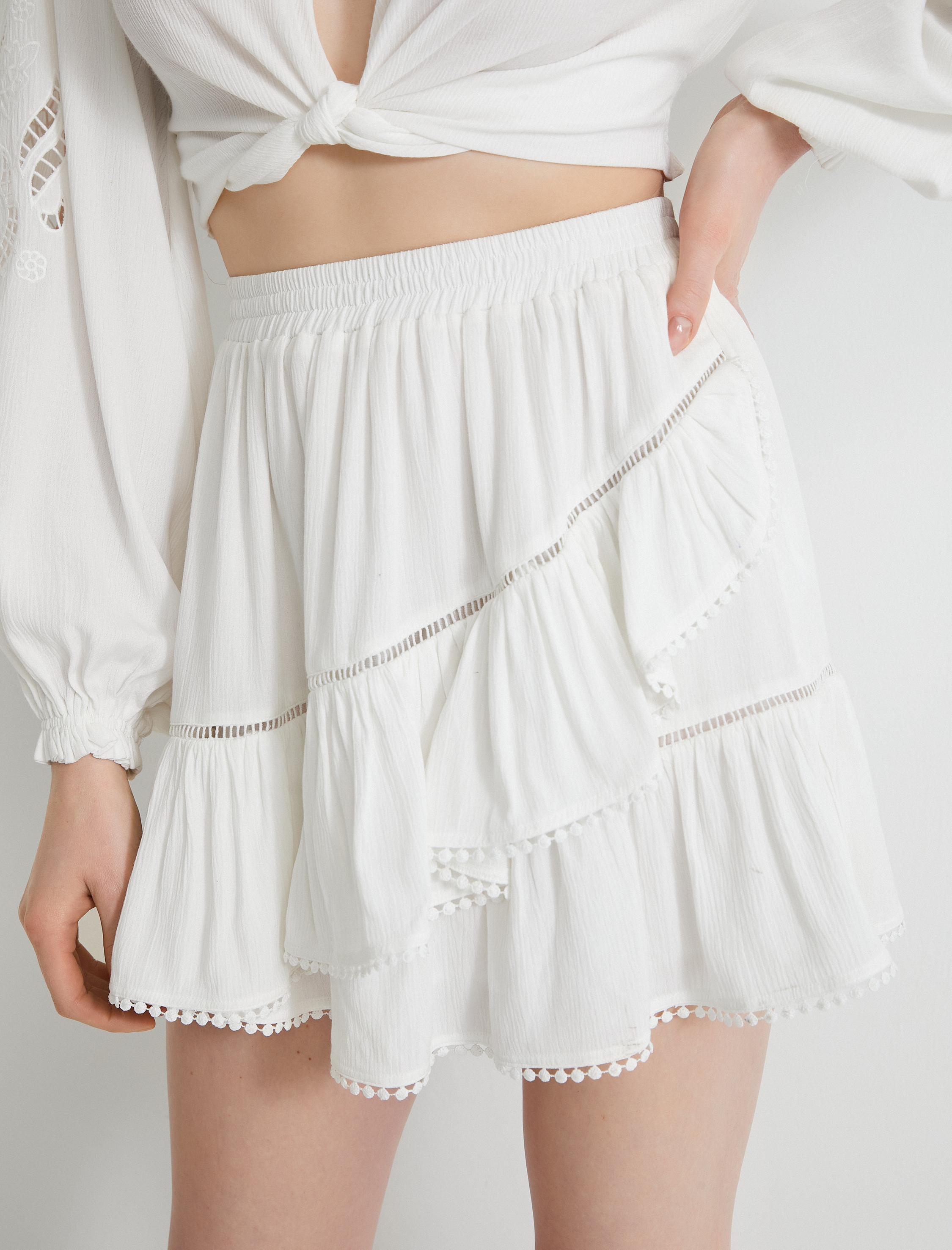   Mini Etek Viskon Beli Lastikli Volanlı