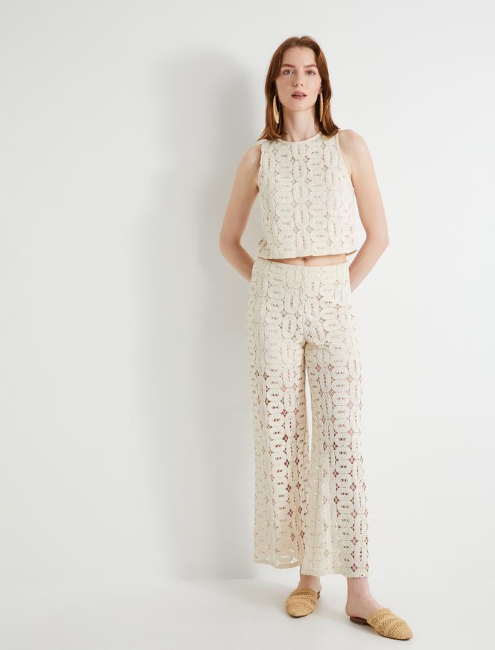  Crop Kroşe Üst Bisiklet Yaka Pamuklu