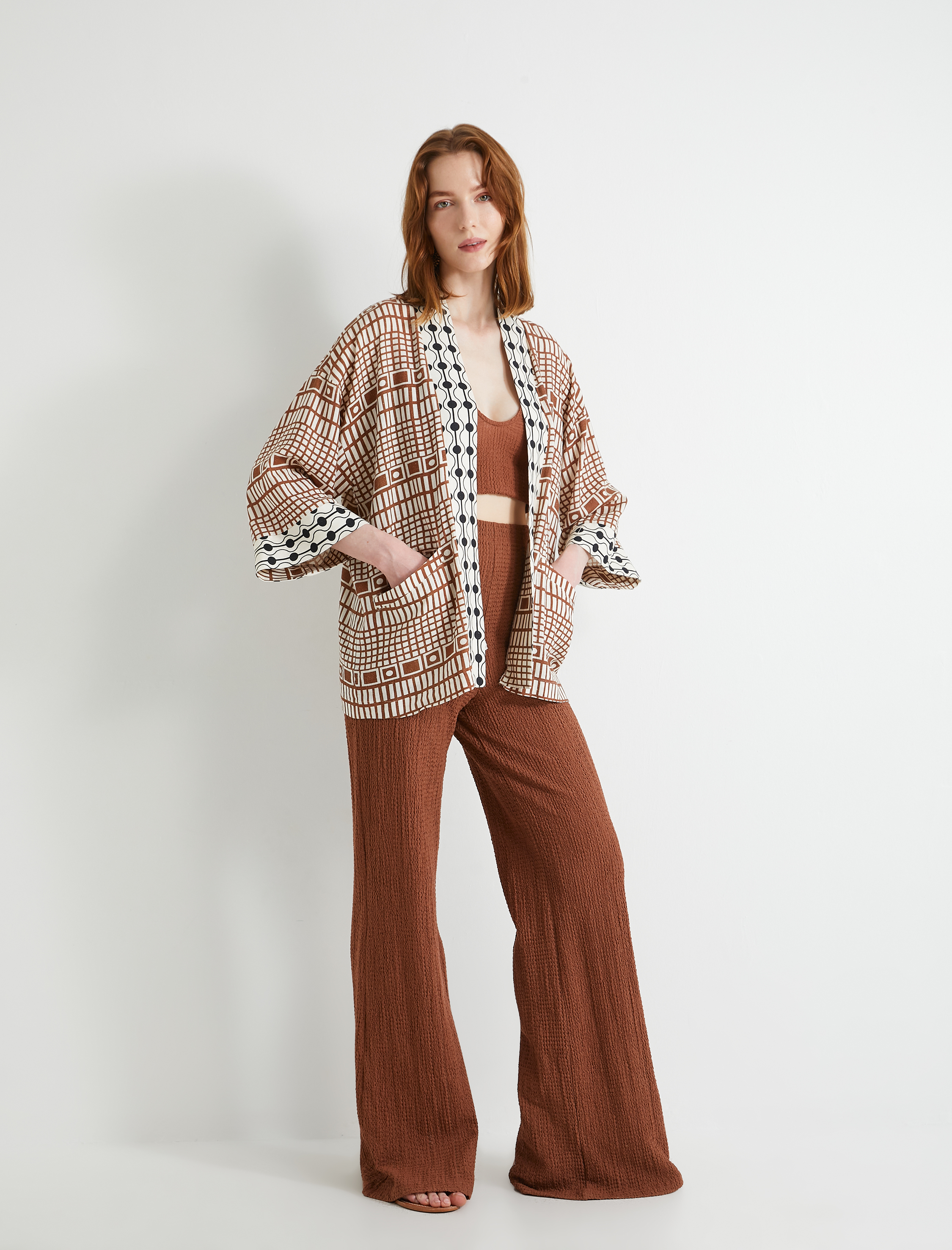   Oversize Kimono Viskon Keten Karışımlı Yarım Kollu Cepli