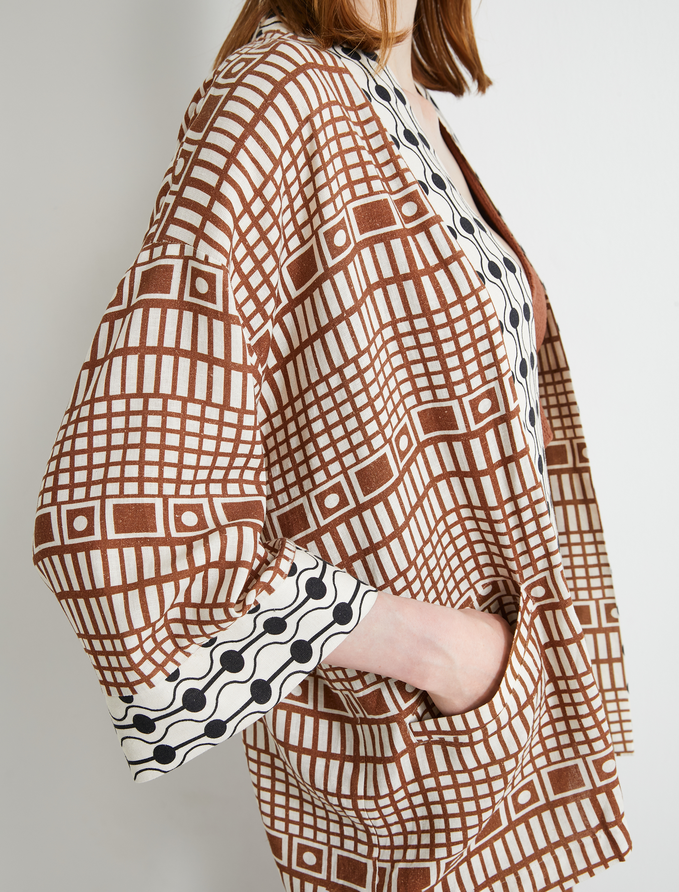   Oversize Kimono Viskon Keten Karışımlı Yarım Kollu Cepli