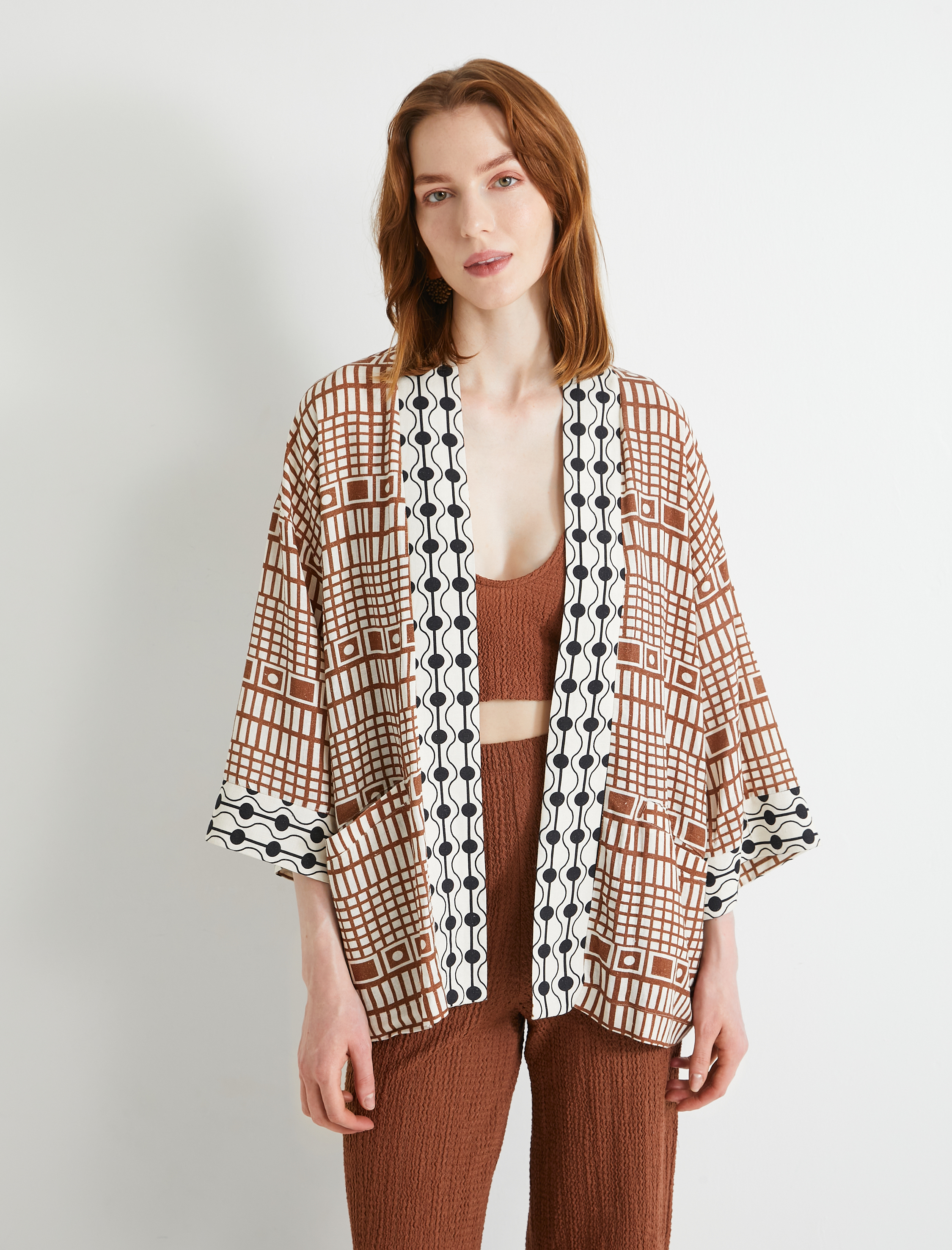   Oversize Kimono Viskon Keten Karışımlı Yarım Kollu Cepli