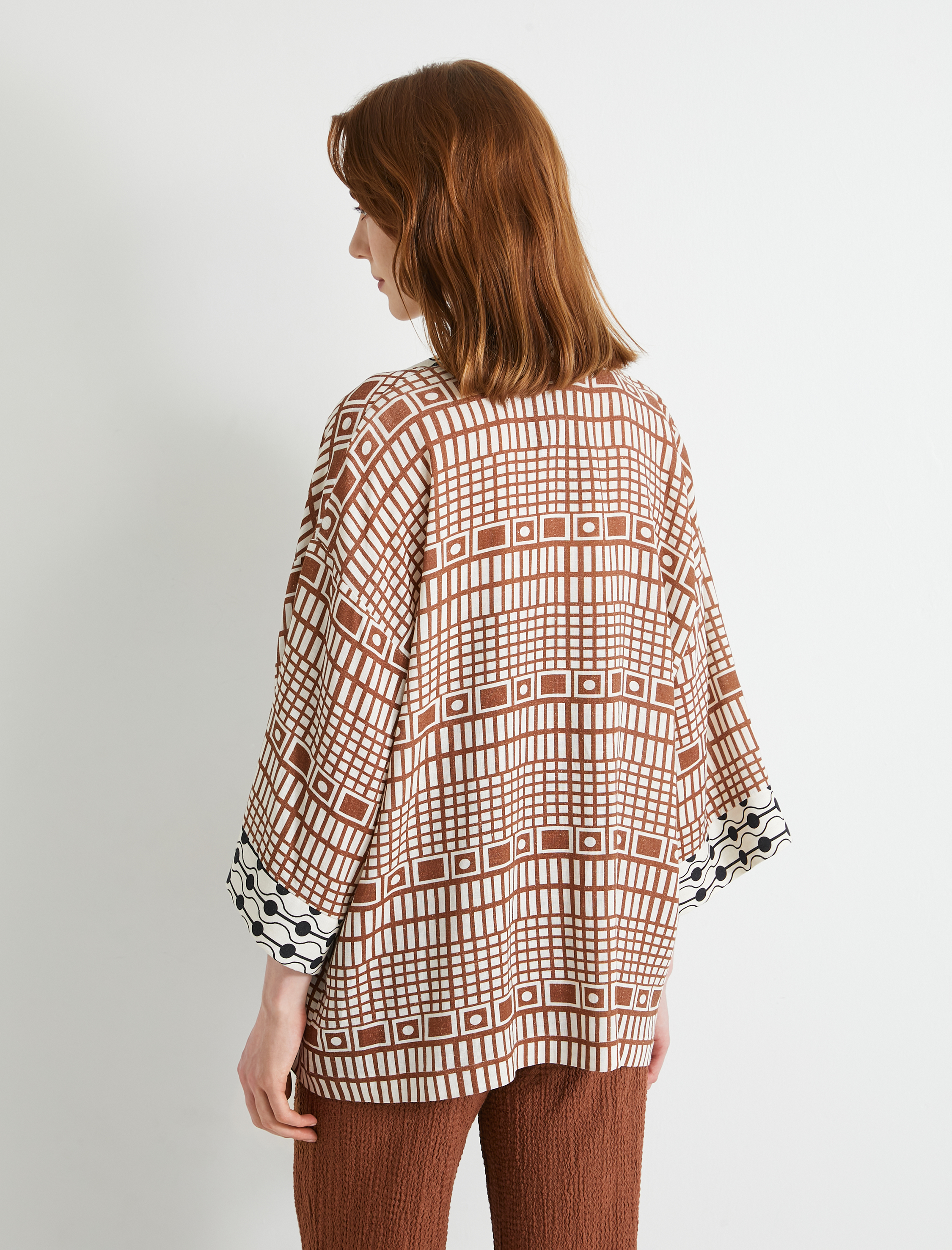   Oversize Kimono Viskon Keten Karışımlı Yarım Kollu Cepli