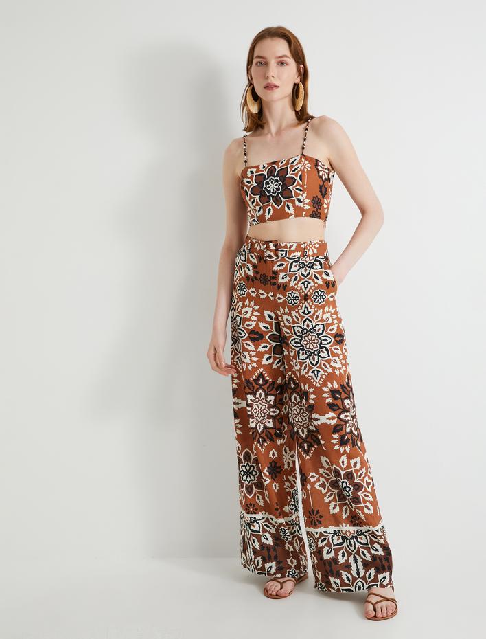  Çiçekli Crop Büstiyer Boncuk Askılı Keten Karışımlı