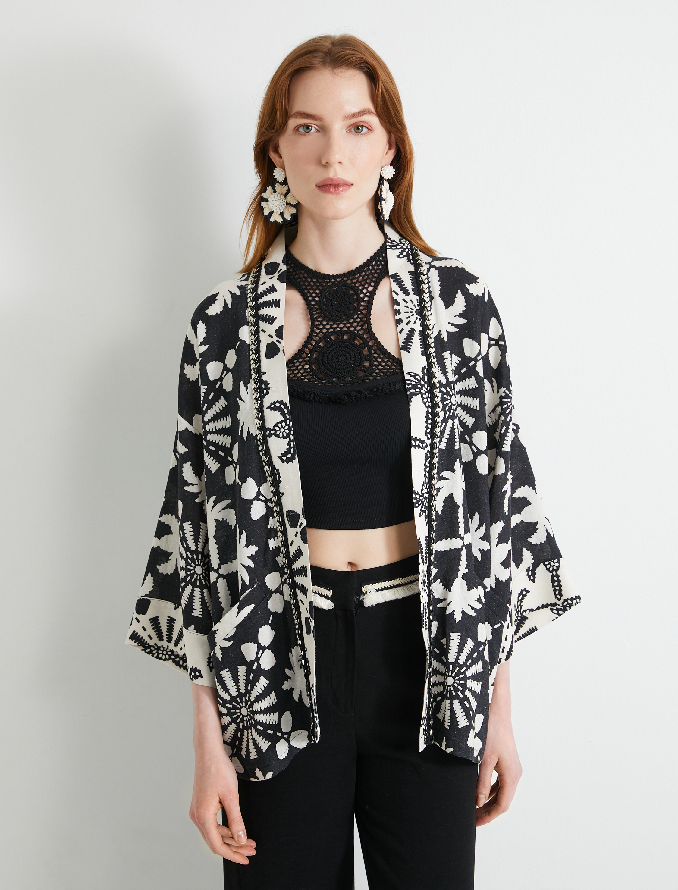   Oversize Kimono Viskon Keten Karışımlı Yarım Kollu Cepli