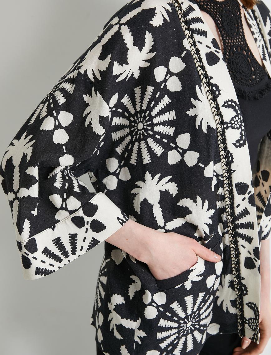   Oversize Kimono Viskon Keten Karışımlı Yarım Kollu Cepli