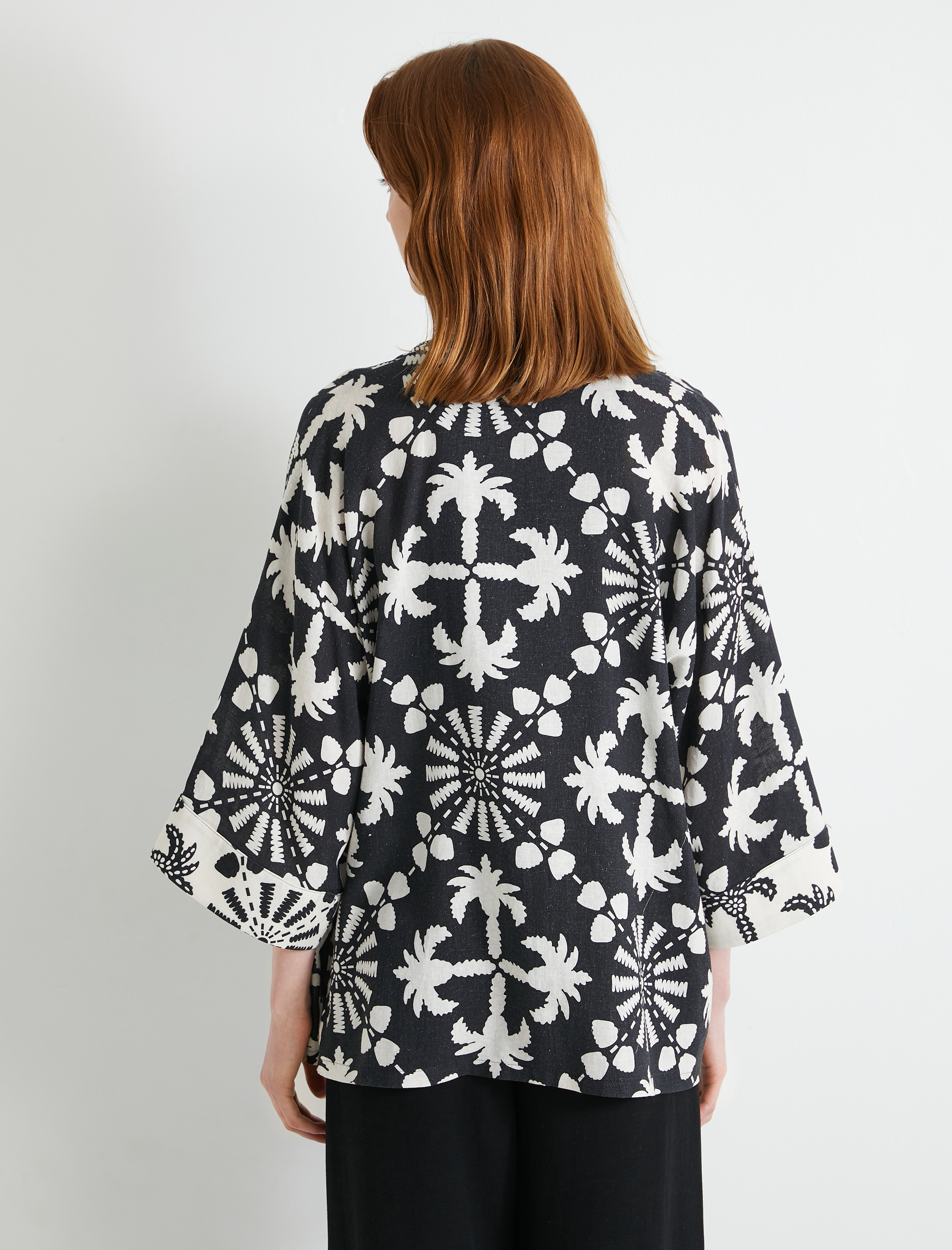   Oversize Kimono Viskon Keten Karışımlı Yarım Kollu Cepli