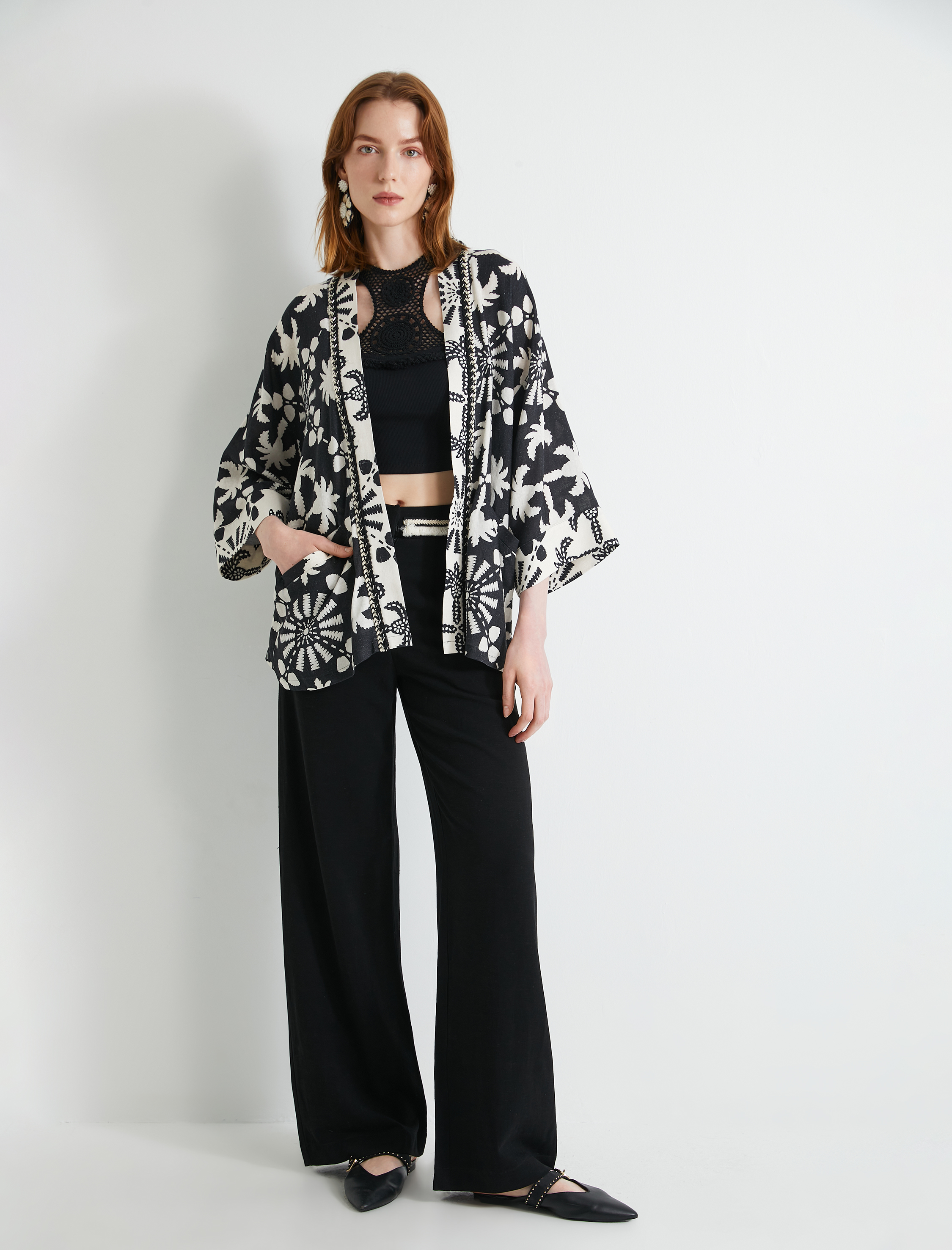   Oversize Kimono Viskon Keten Karışımlı Yarım Kollu Cepli