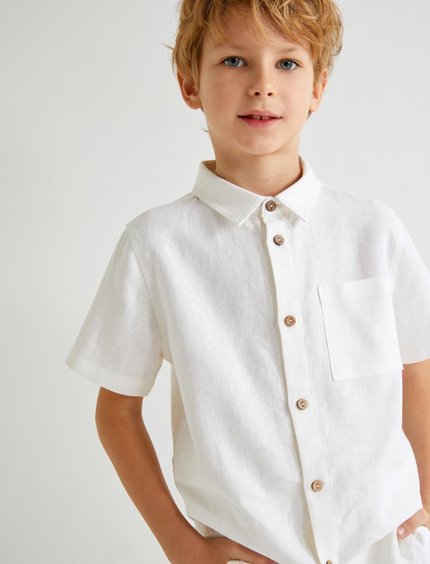  Erkek Çocuk Basic Gömlek Keten Karışımlı Kısa Kollu Cep Detaylı