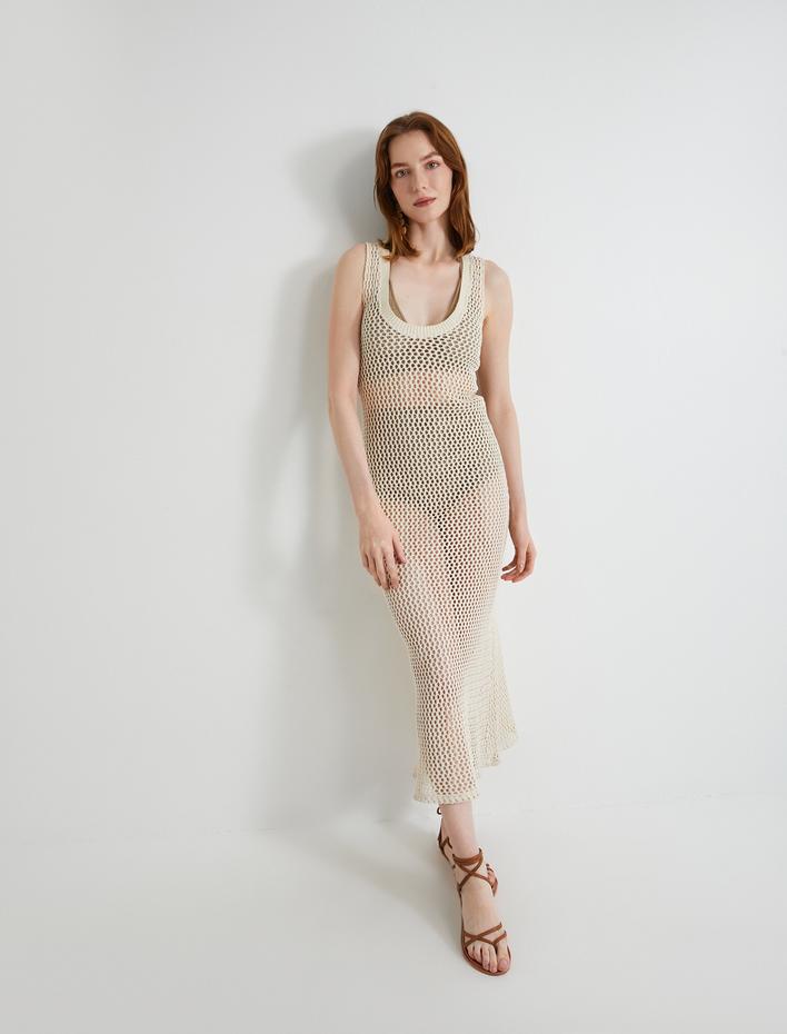  Ajurlu Midi Elbise V Yaka Kalın Askılı