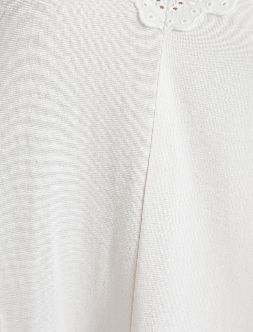   Askılı Uzun Elbise V Yaka Volanlı Fisto İşlemeli Viskon Karışımlı