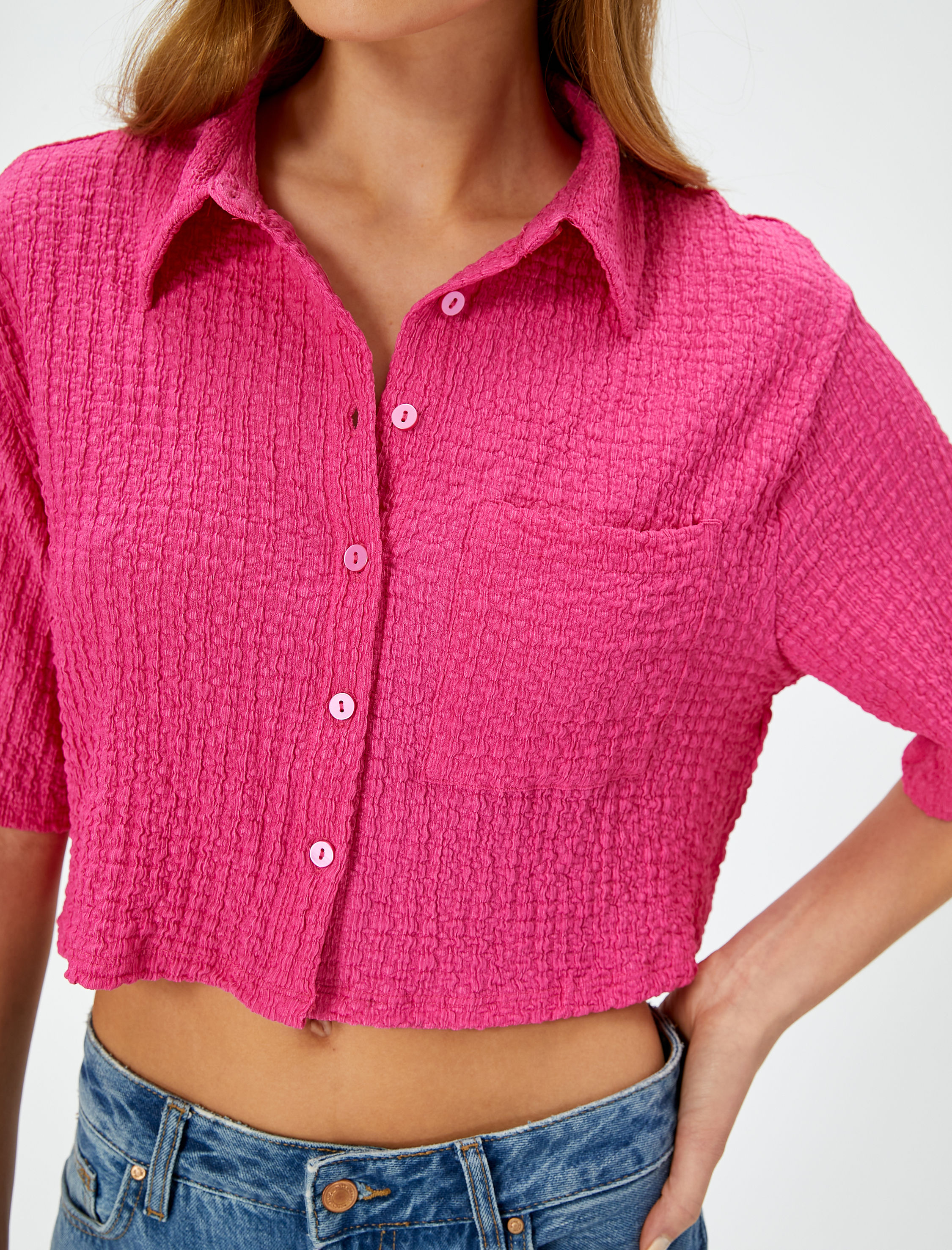   Crop Gömlek Dokulu Kısa Kollu Düğmeli