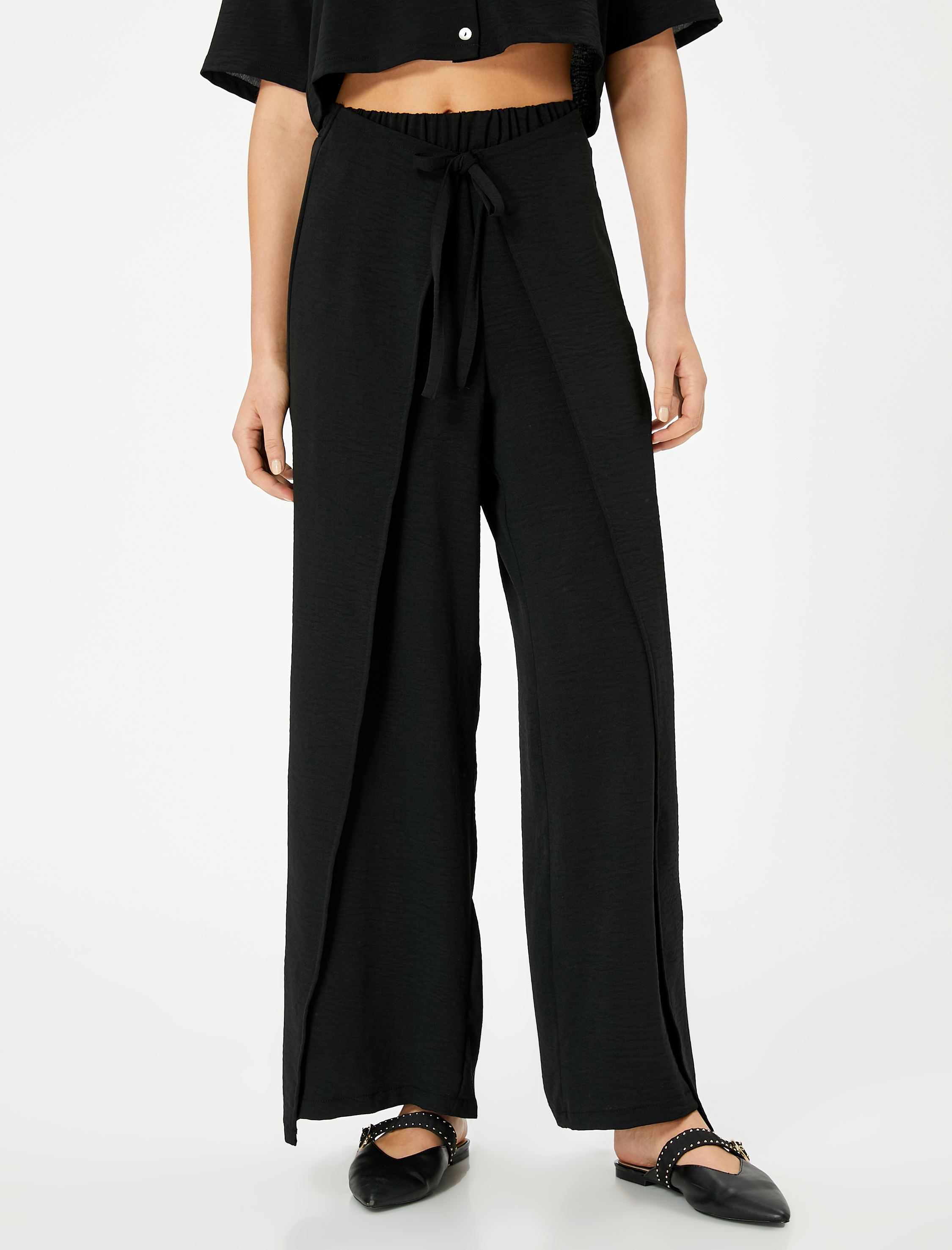   Bol Paça Pantolon Kapaklı Bağlama Detaylı Beli Lastikli