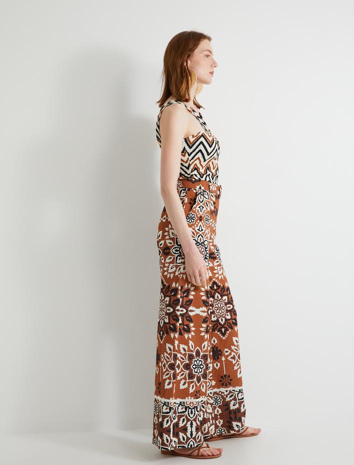  Bol Paça Pantolon Etnik Desenli Cep Detaylı Kemerli