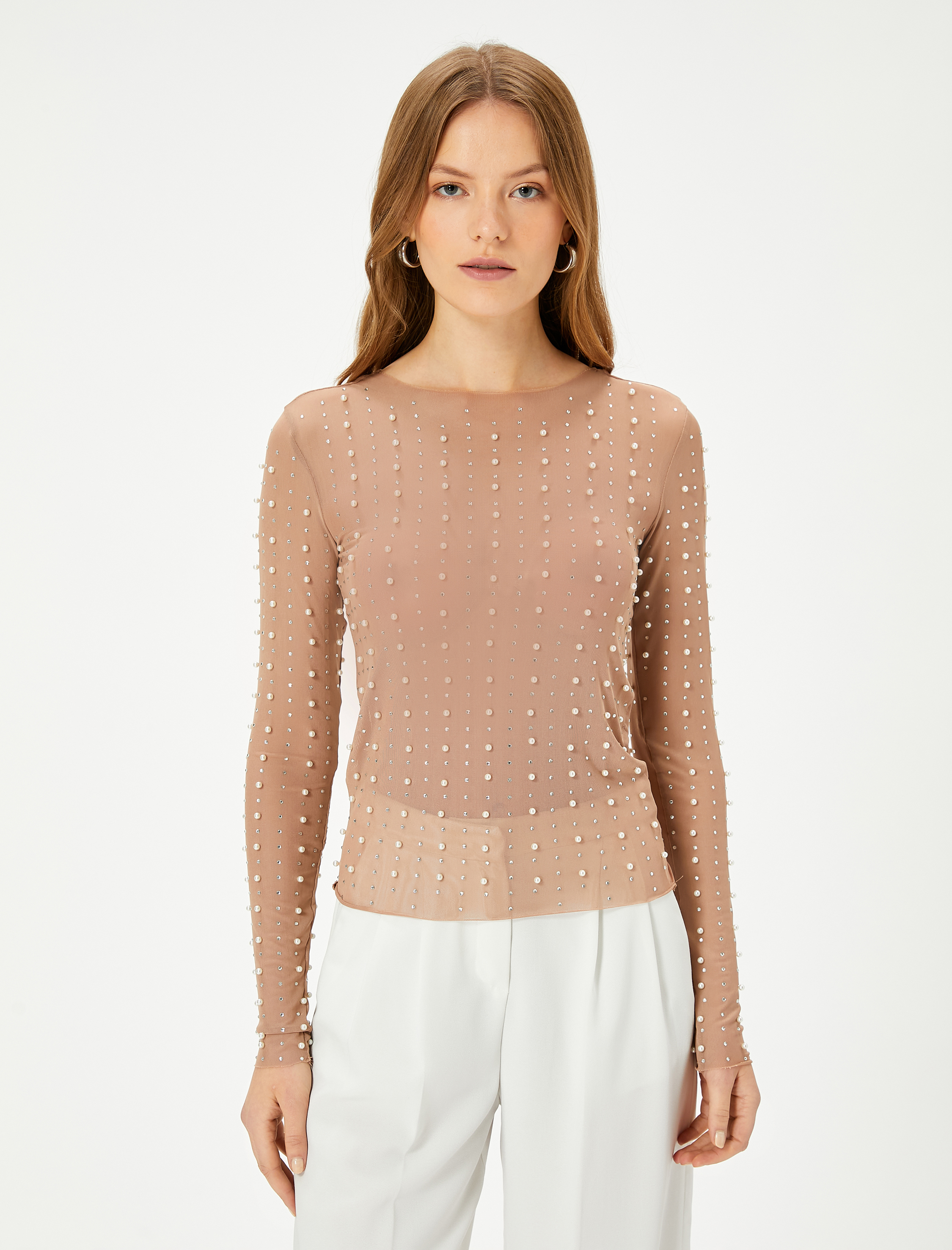   Abiye Bluz Taşlı İnci Detaylı Uzun Kollu Bisiklet Yaka Slim Fit