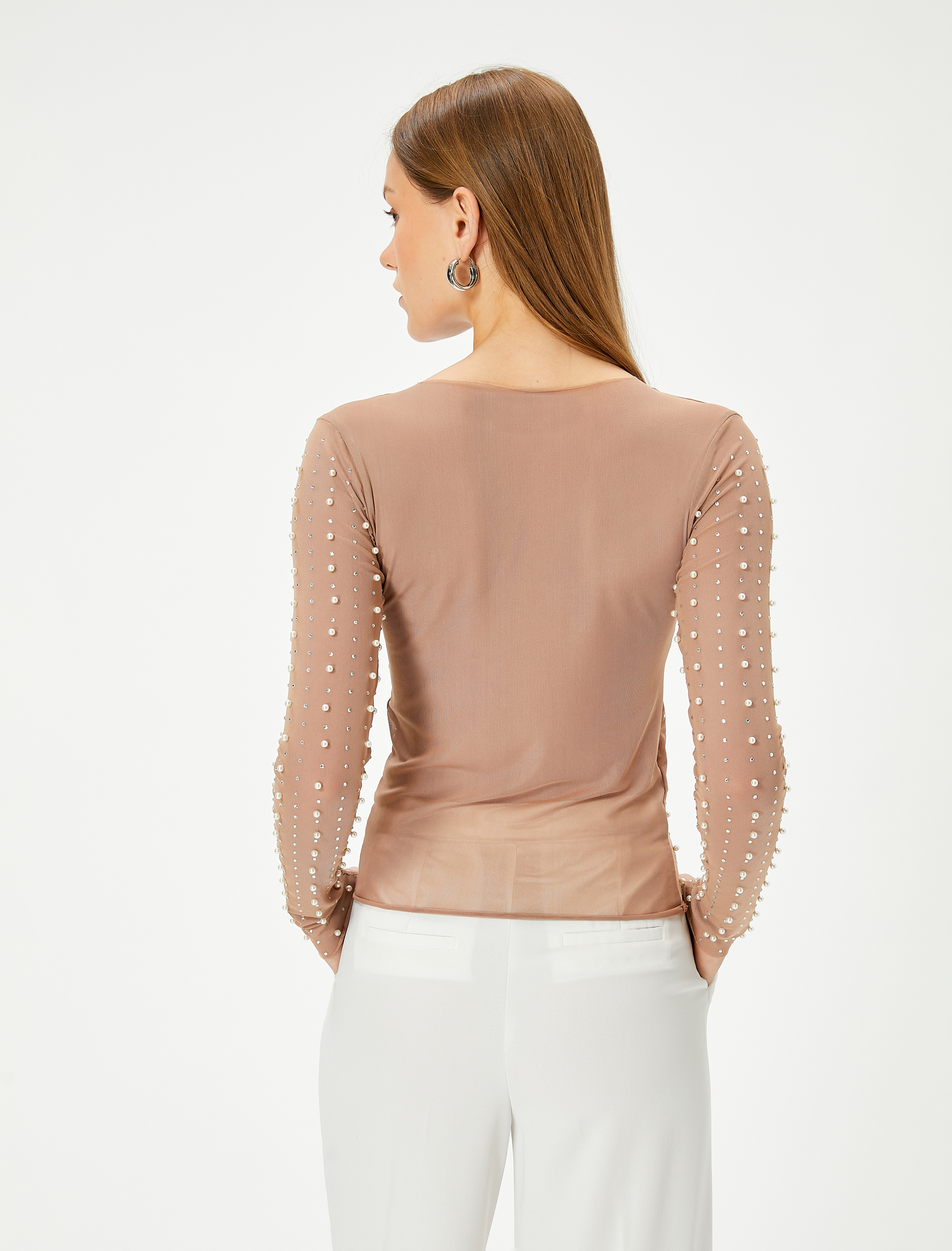   Abiye Bluz Taşlı İnci Detaylı Uzun Kollu Bisiklet Yaka Slim Fit